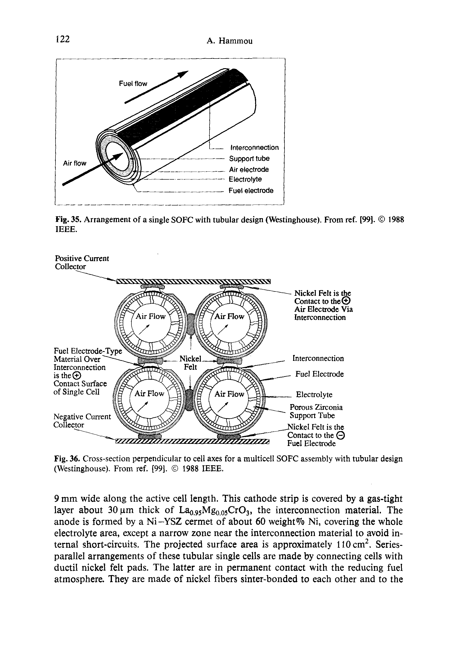 Fig. 35. Arrangement of a single SOFC with tubular design (Westinghouse). From ref. [99]. 1988 IEEE.