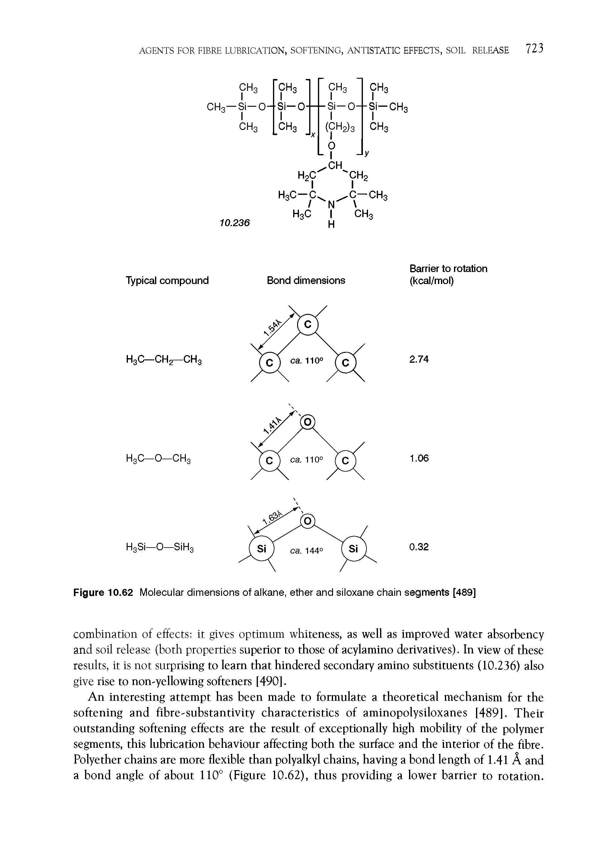 Figure 10.62 Molecular dimensions of alkane, ether and siloxane chain segments [489]...
