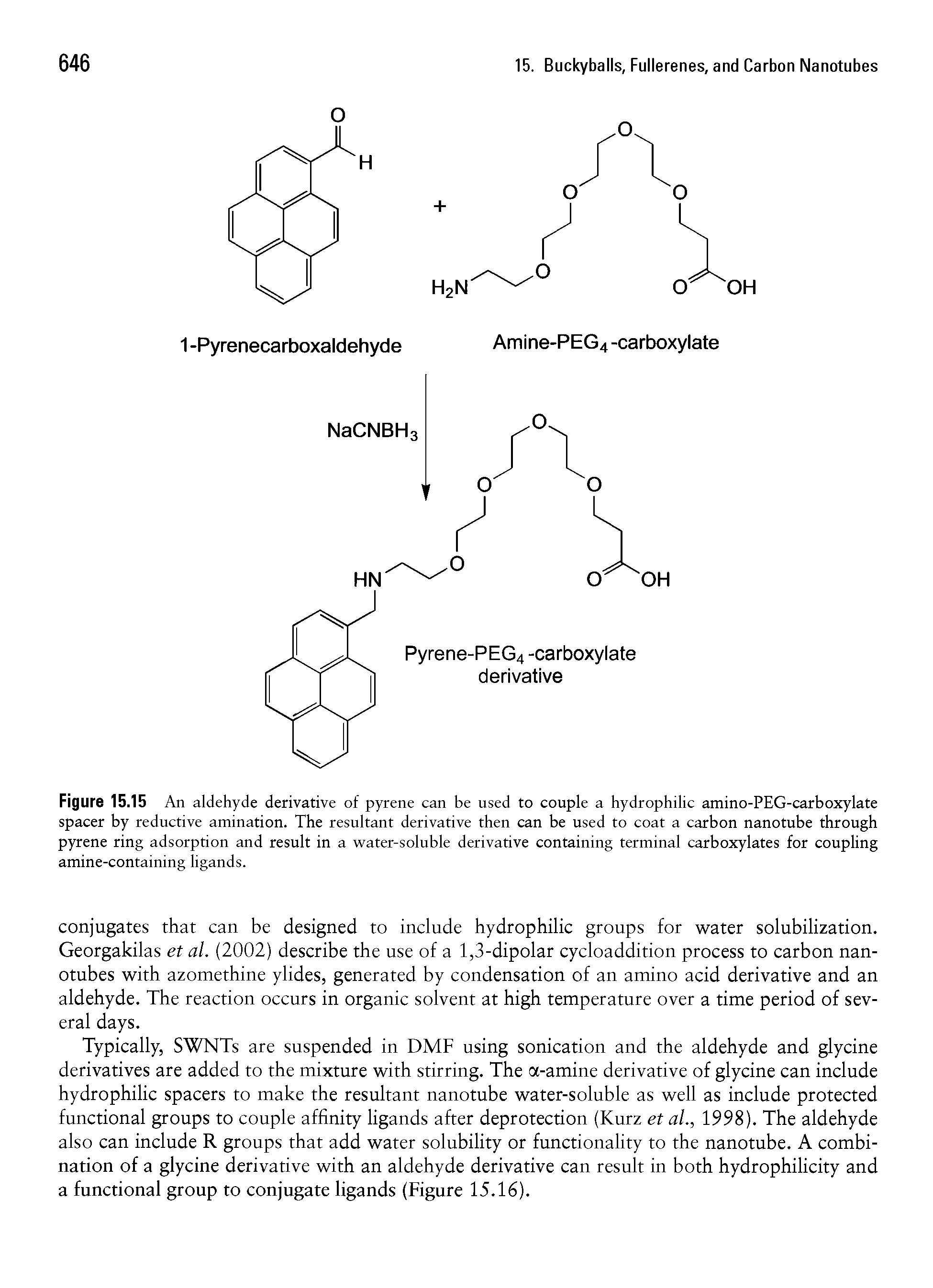 Figure 15.15 An aldehyde derivative of pyrene can be used to couple a hydrophilic amino-PEG-carboxylate spacer by reductive amination. The resultant derivative then can be used to coat a carbon nanotube through pyrene ring adsorption and result in a water-soluble derivative containing terminal carboxylates for coupling amine-containing ligands.