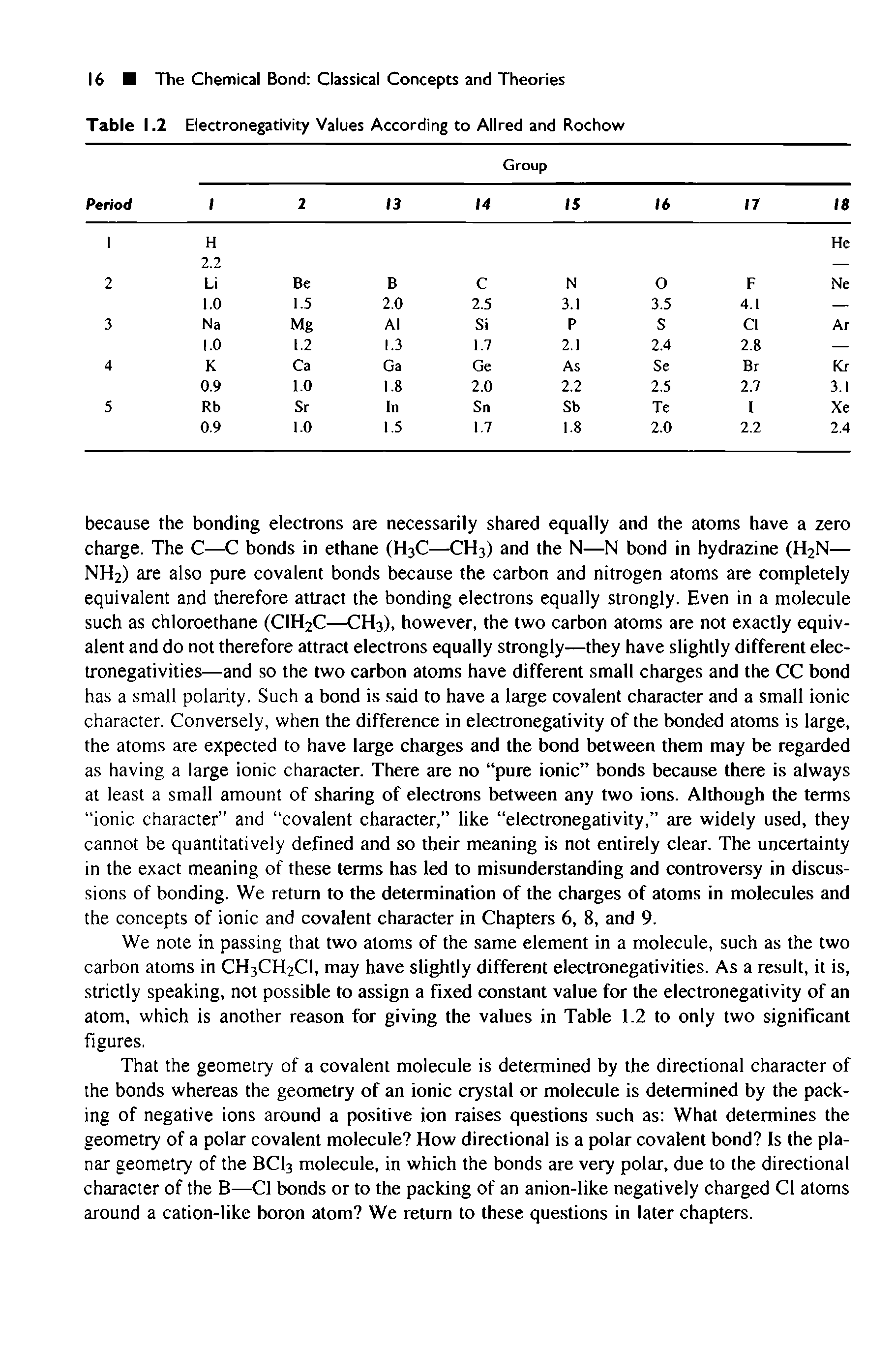 Table 1.2 Electronegativity Values According to Allred and Rochow...