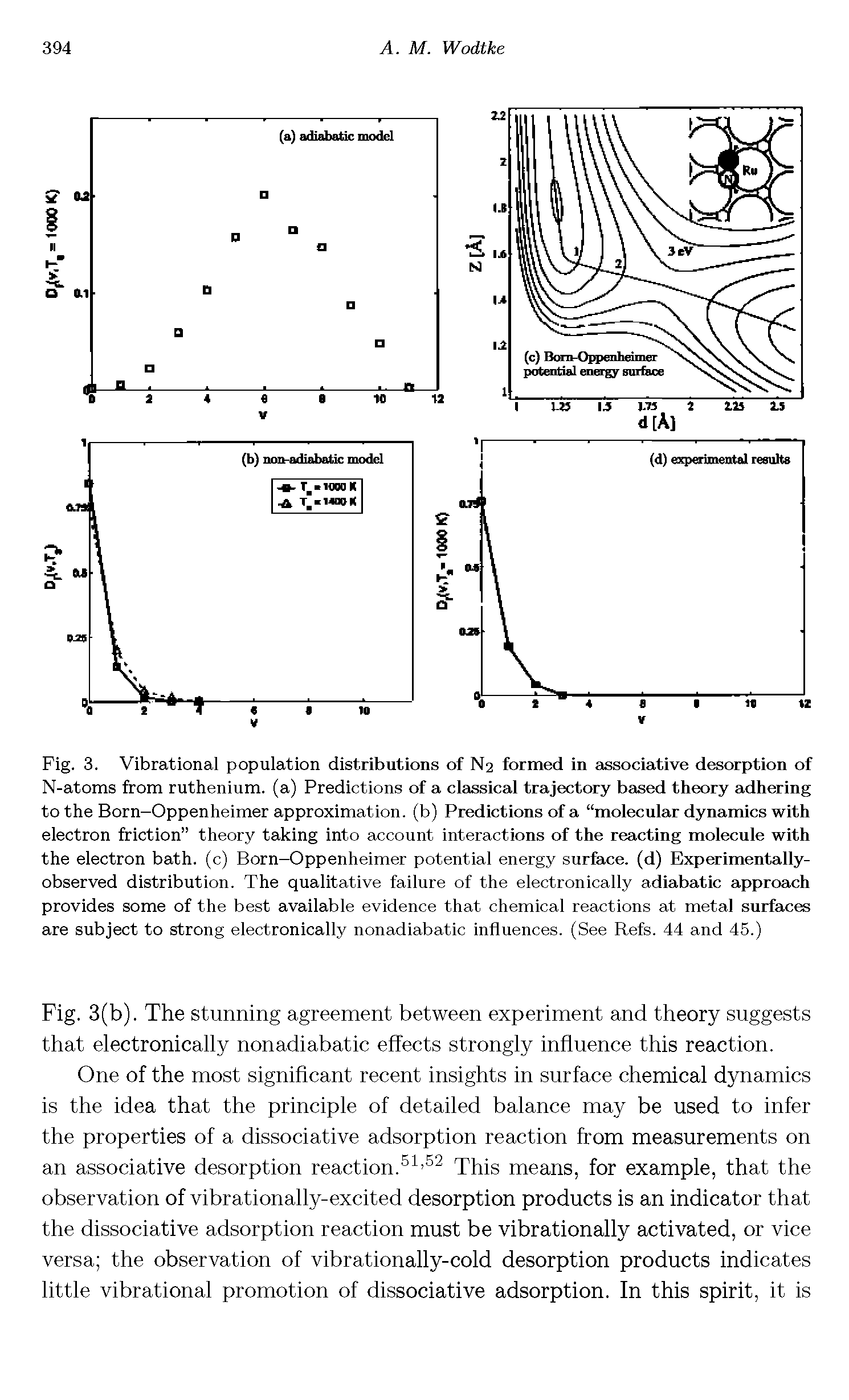 Fig. 3. Vibrational population distributions of N2 formed in associative desorption of N-atoms from ruthenium, (a) Predictions of a classical trajectory based theory adhering to the Born-Oppenheimer approximation, (b) Predictions of a molecular dynamics with electron friction theory taking into account interactions of the reacting molecule with the electron bath, (c) Born—Oppenheimer potential energy surface, (d) Experimentally-observed distribution. The qualitative failure of the electronically adiabatic approach provides some of the best available evidence that chemical reactions at metal surfaces are subject to strong electronically nonadiabatic influences. (See Refs. 44 and 45.)...