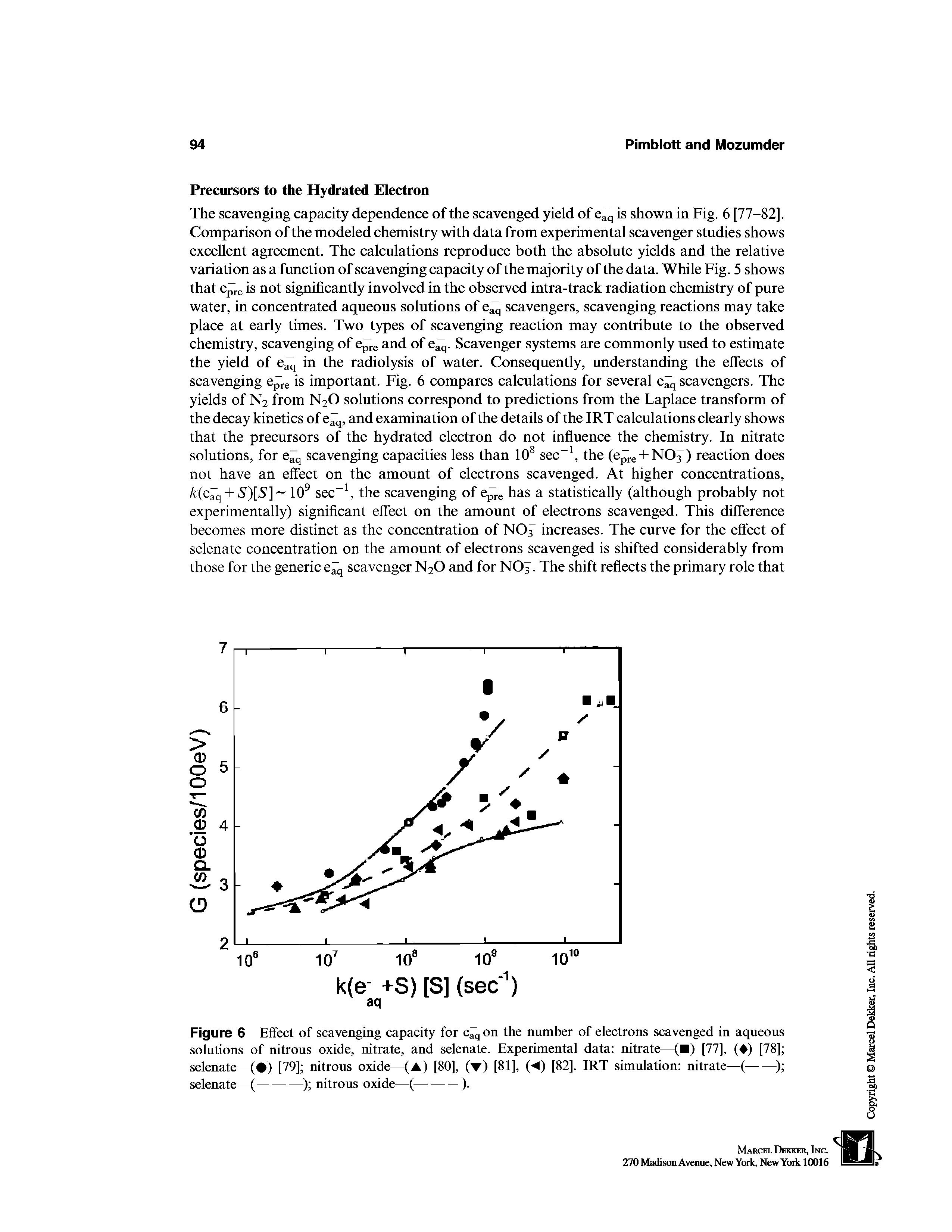 Figure 6 Effect of scavenging capacity for e q on the number of electrons scavenged in aqueous solutions of nitrous oxide, nitrate, and selenate. Experimental data nitrate—( ) [77], ( ) [78] ...