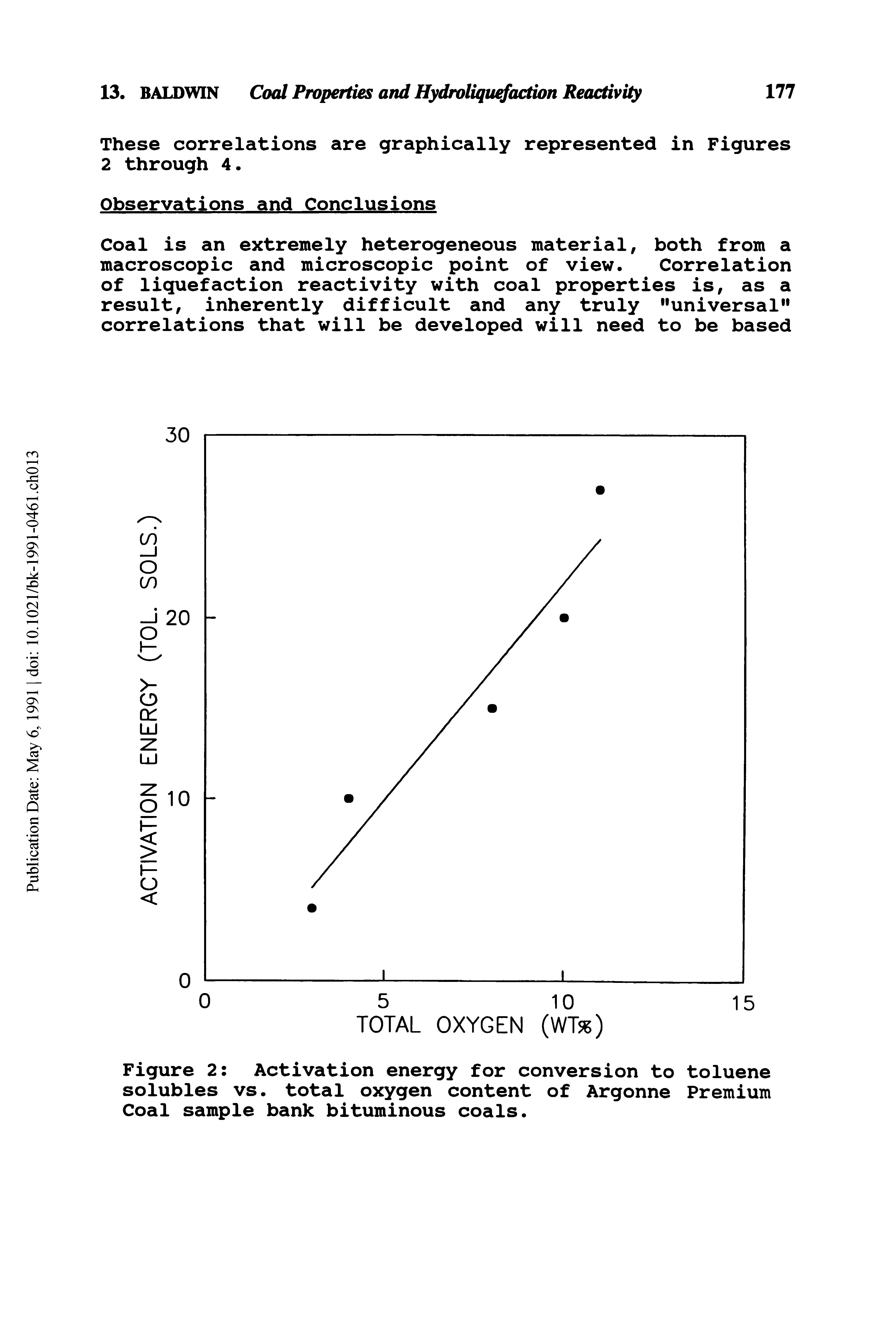 Figure 2 Activation energy for conversion to toluene solubles vs. total oxygen content of Argonne Premium Coal sample bank bituminous coals.