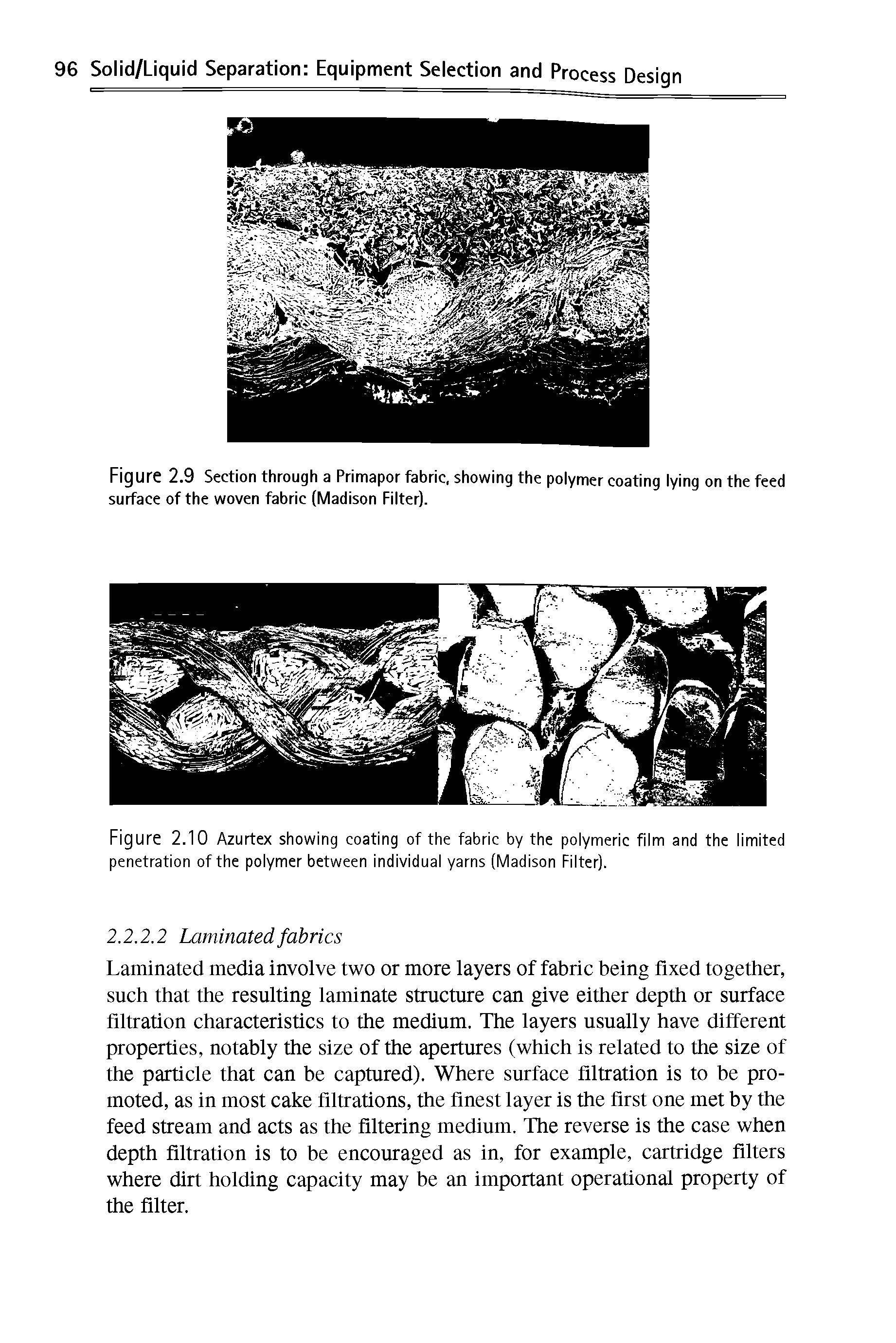 Figure 2.10 Azurtex showing coating of the fabric by the polymeric film and the limited penetration of the polymer between individual yarns (Madison Filter).