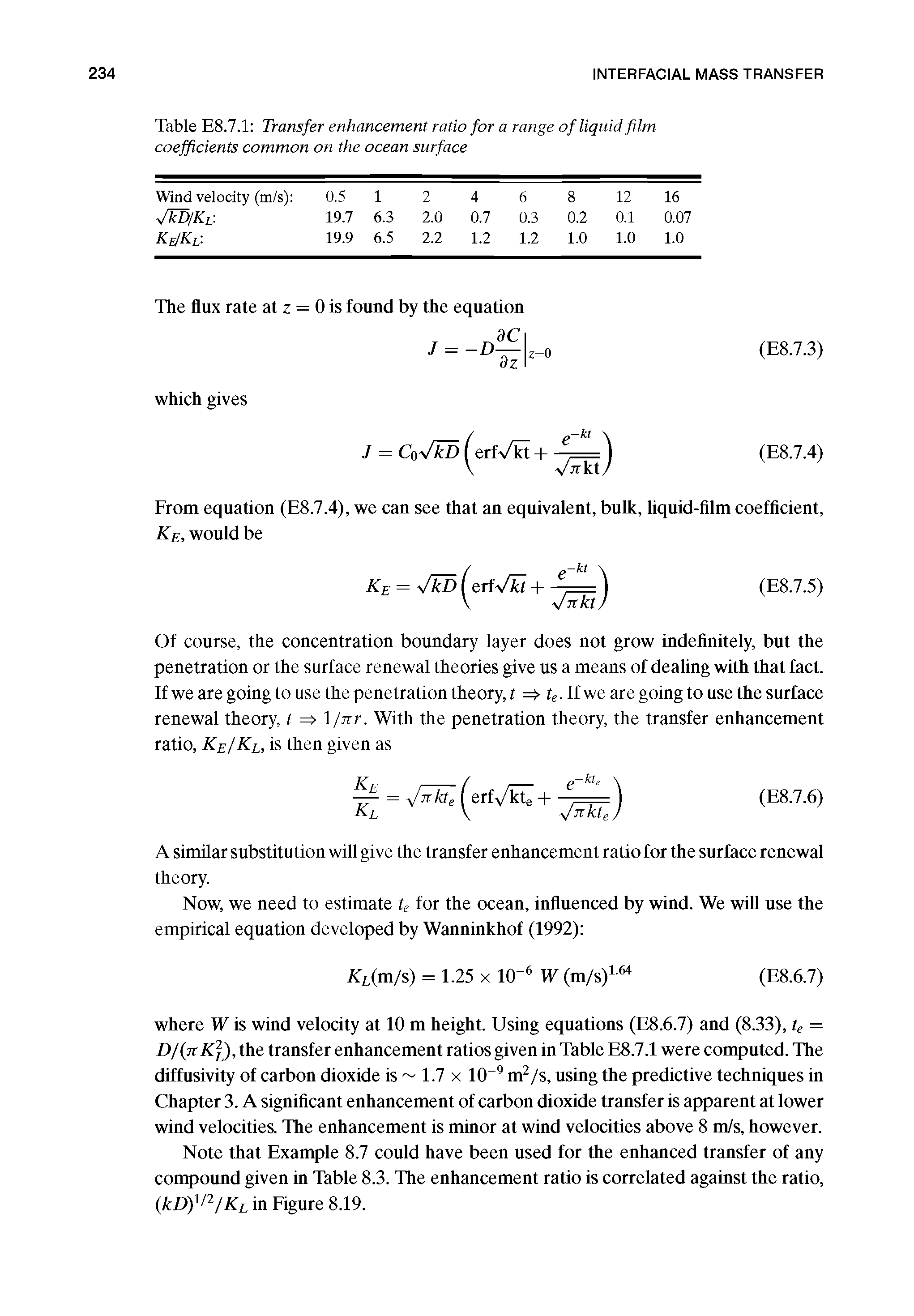 Table E8.7.1 Transfer enhancement ratio for a range of liquid film coefficients common on the ocean surface...