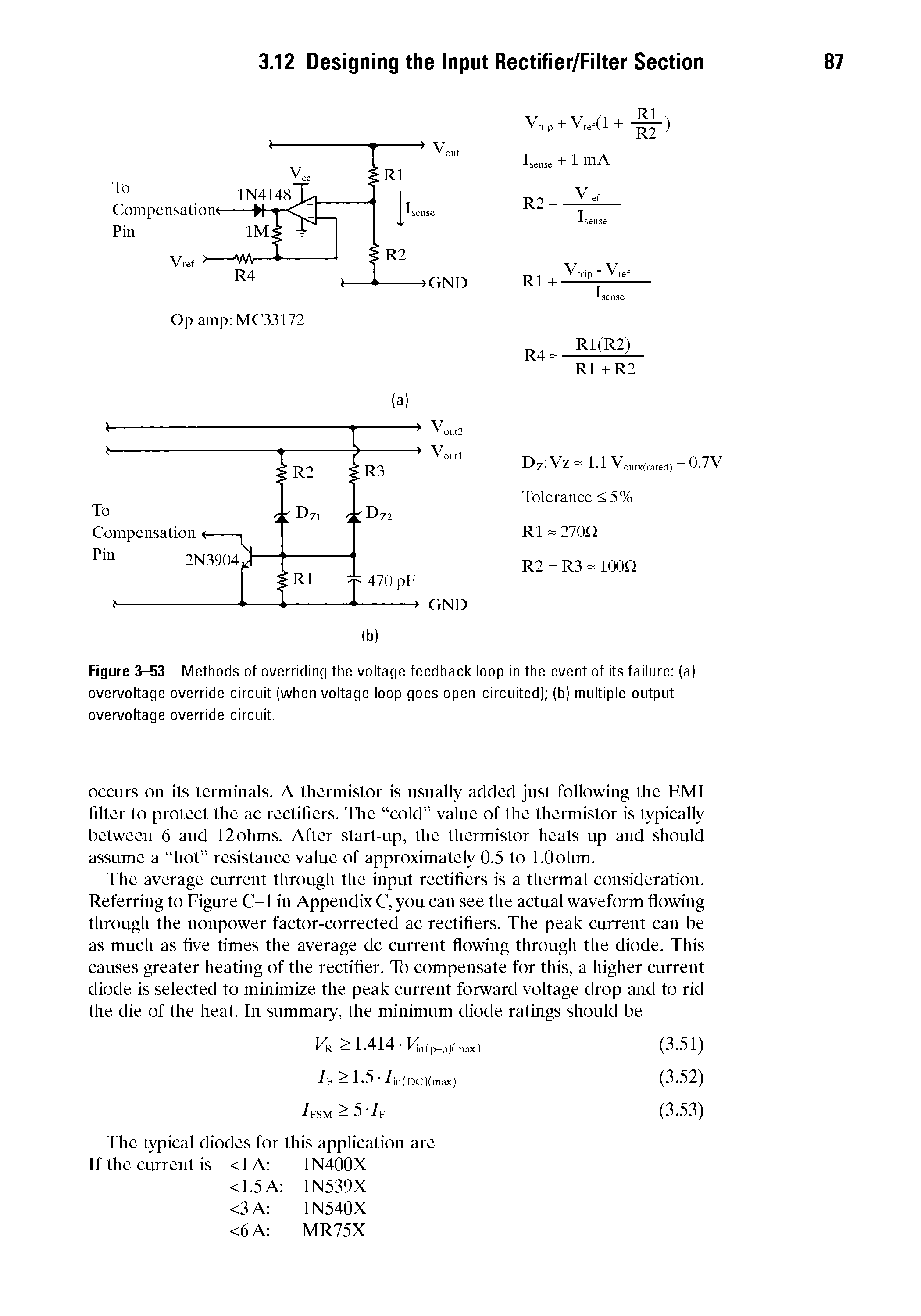 Figure 3-53 Methods of overriding the voltage feedback loop in the event of its failure (a) overvoltage override circuit (when voltage loop goes open-circuited) (b) multiple-output overvoltage override circuit.