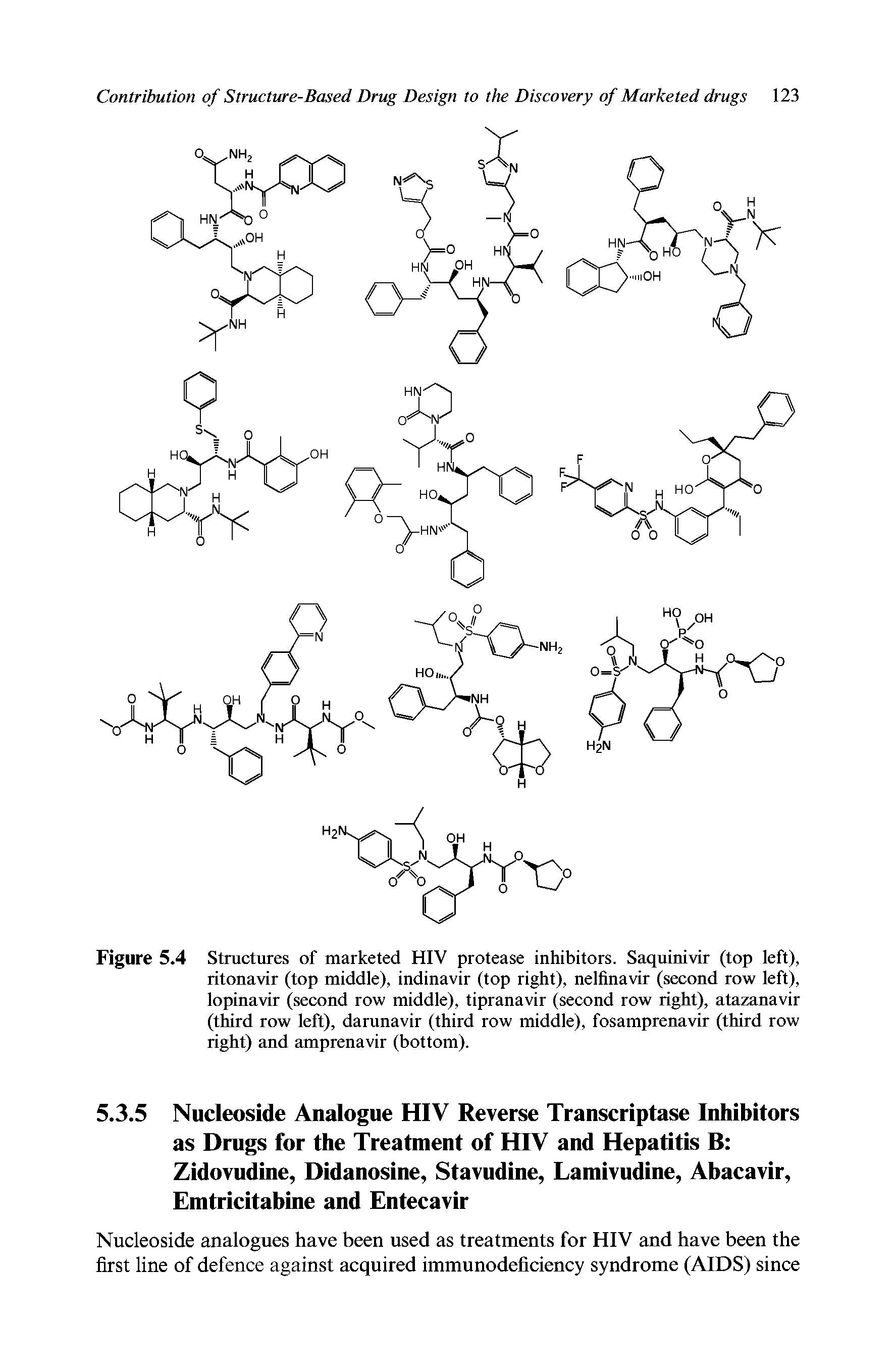 Figure 5.4 Structures of marketed HIV protease inhibitors. Saquinivir (top left), ritonavir (top middle), indinavir (top right), nelfinavir (second row left), lopinavir (second row middle), tipranavir (second row right), atazanavir (third row left), darunavir (third row middle), fosamprenavir (third row right) and amprenavir (bottom).