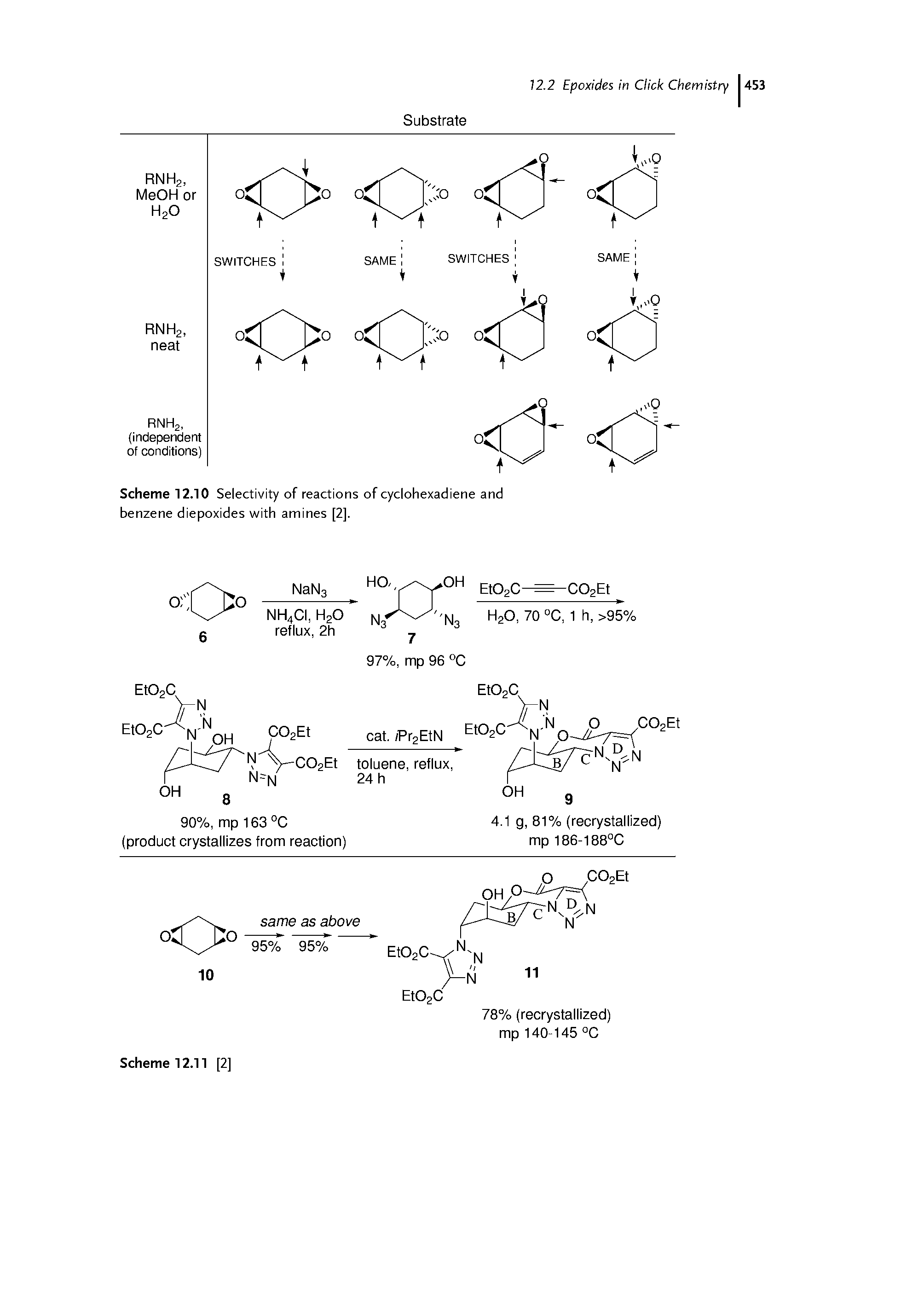 Scheme 12.10 Selectivity of reactions of cyclohexadiene and benzene diepoxides with amines [2].