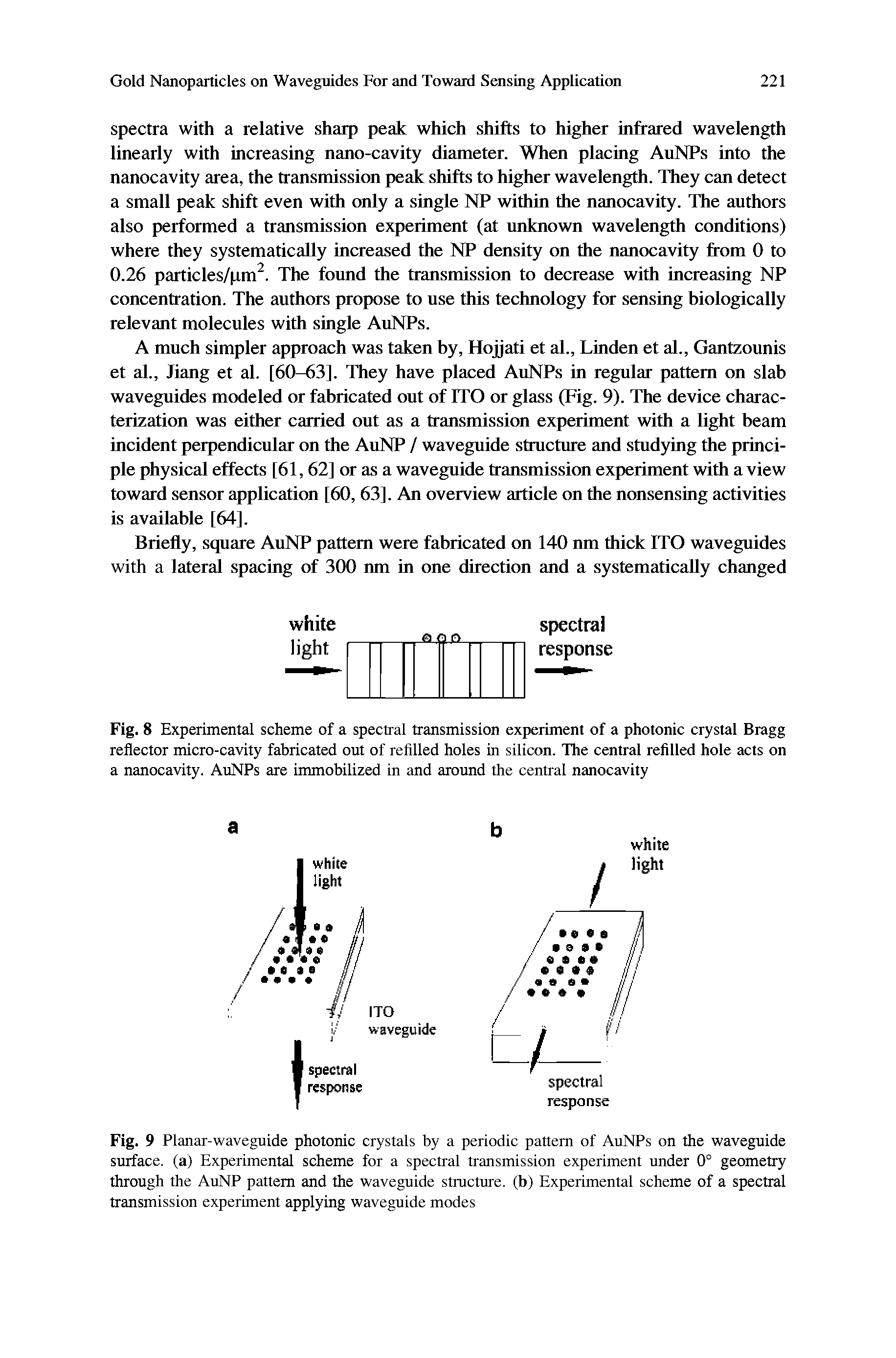 Fig. 8 Experimental scheme of a spectral transmission experiment of a photonic crystal Bragg reflector micro-cavity fabricated out of refilled holes in silicon. The central refilled hole acts on a nanocavity. AuNPs are immobilized in and around the central nanocavity...