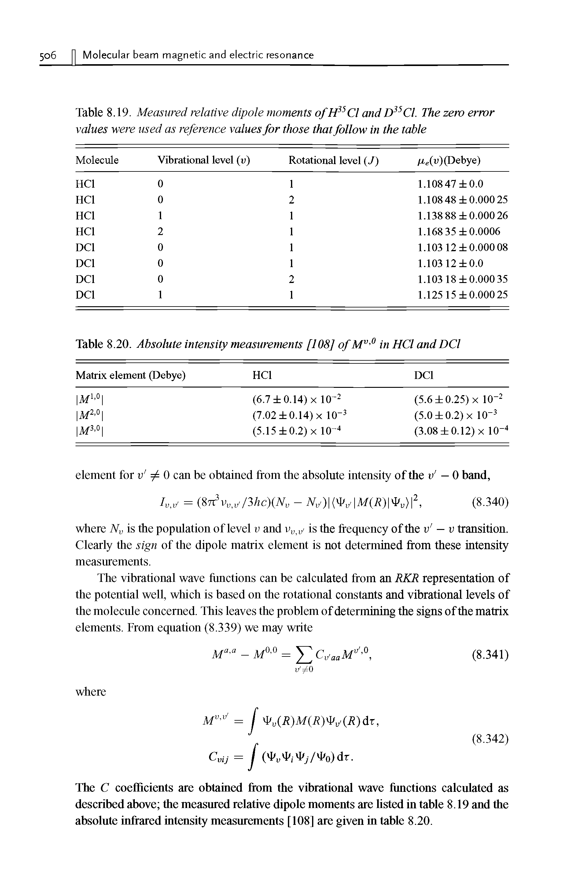 Table 8.19. Measured relative dipole moments of H35Cl and D35Cl. The zero error values were used as reference values for those that follow in the table...