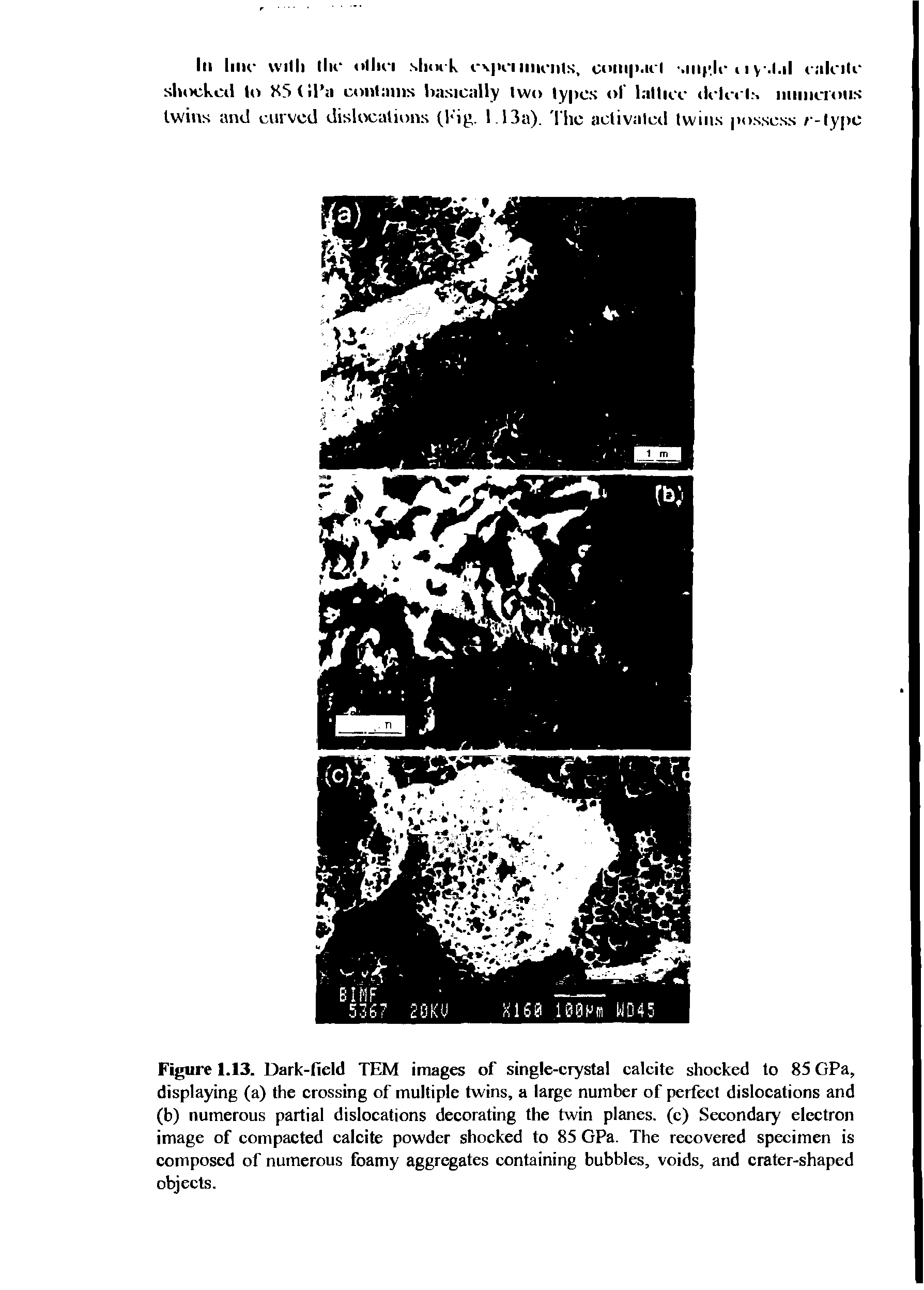 Figure 1.13. Dark-field TEM images of single-crystal calcite shocked to 85 GPa, displaying (a) the crossing of multiple twins, a large number of perfect dislocations and (b) numerous partial dislocations decorating the twin planes, (c) Secondary electron image of compacted calcite powder shocked to 85 GPa. The recovered specimen is composed of numerous foamy aggregates containing bubbles, voids, and crater-shaped objects.