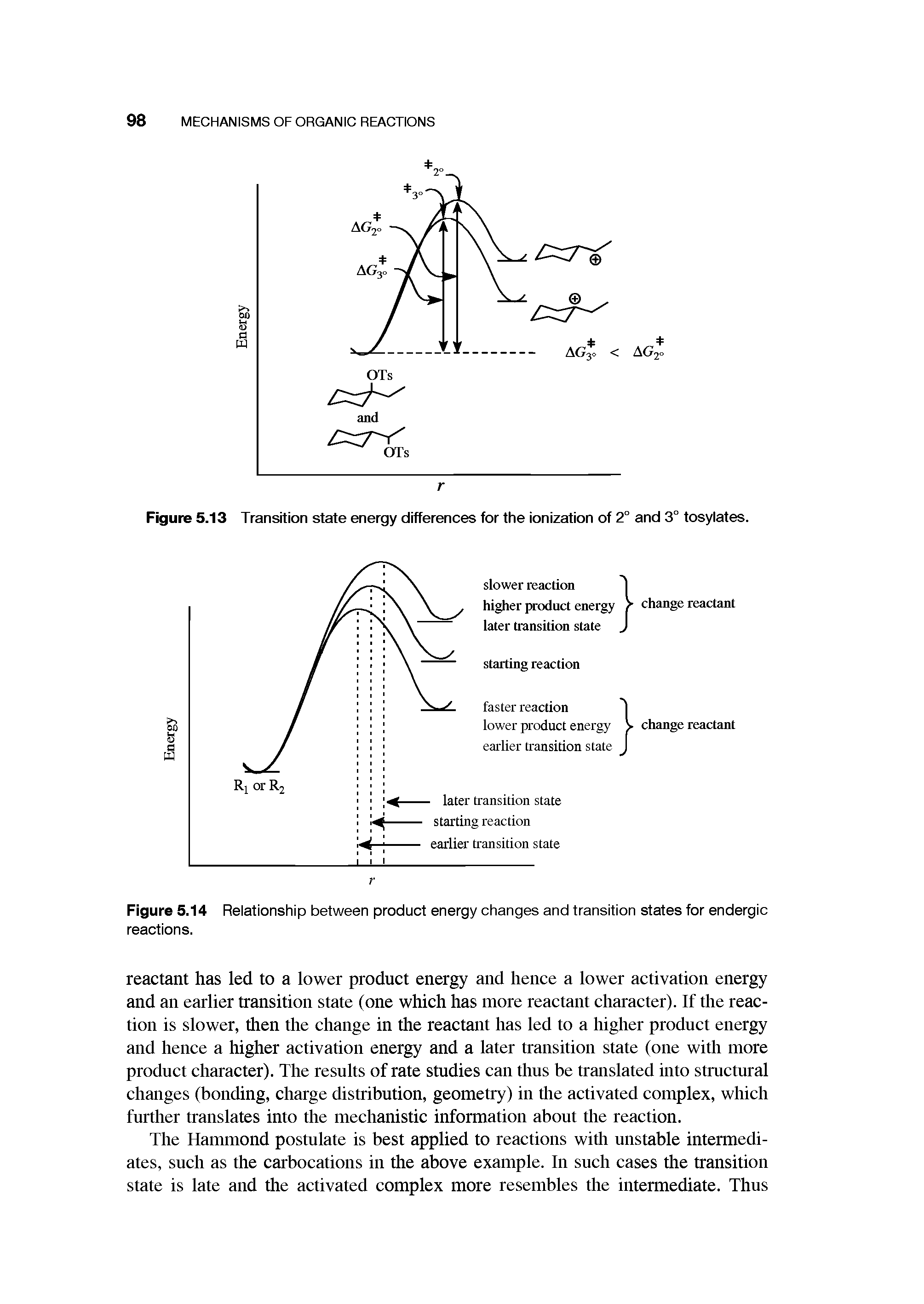 Figure 5.14 Relationship between product energy changes and transition states for endergic reactions.
