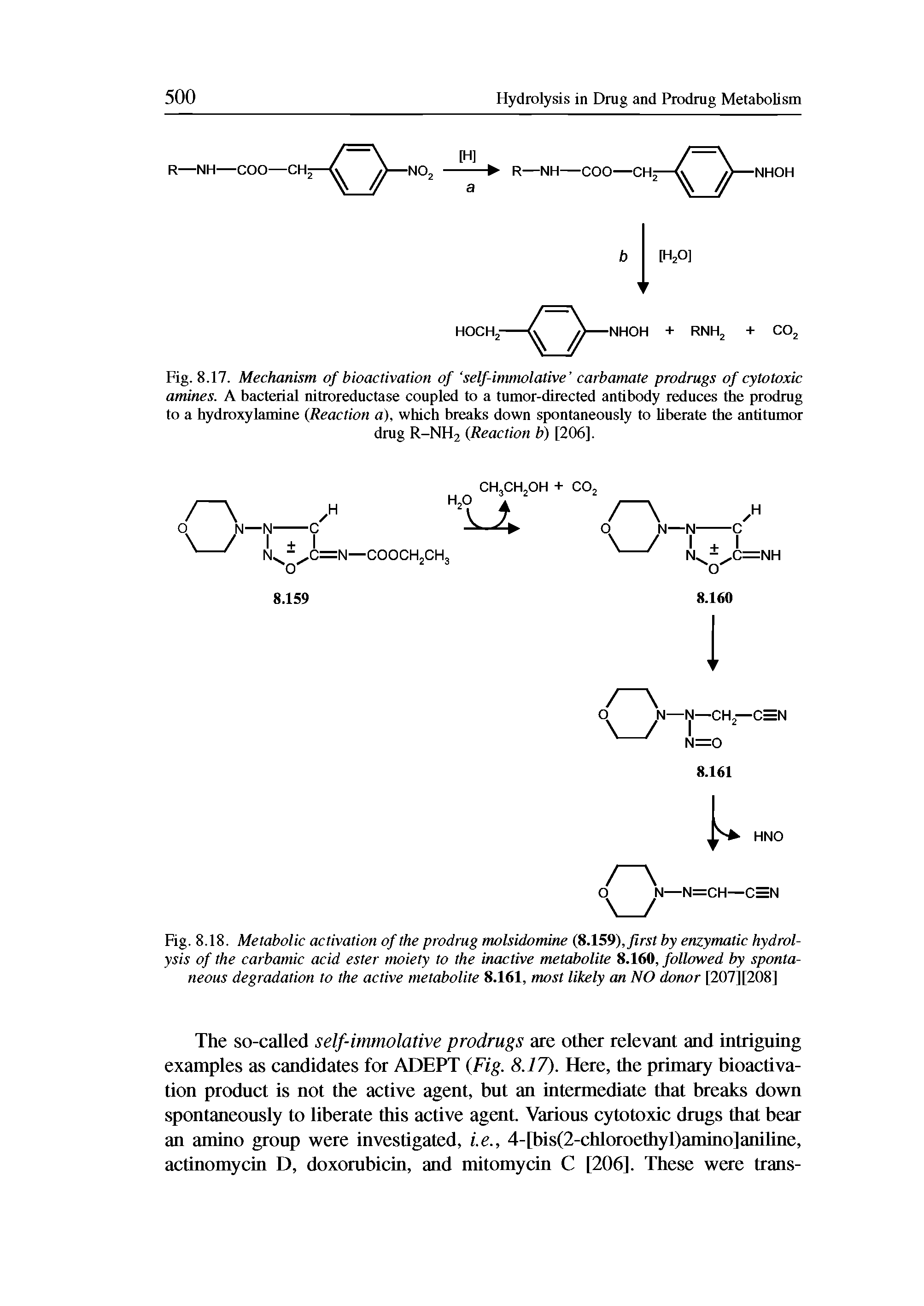 Fig. 8.18. Metabolic activation of the prodrug molsidomine (8.159), first by enzymatic hydrolysis of the carbamic acid ester moiety to the inactive metabolite 8.160, followed by spontaneous degradation to the active metabolite 8.161, most likely an NO donor [207] [208]...