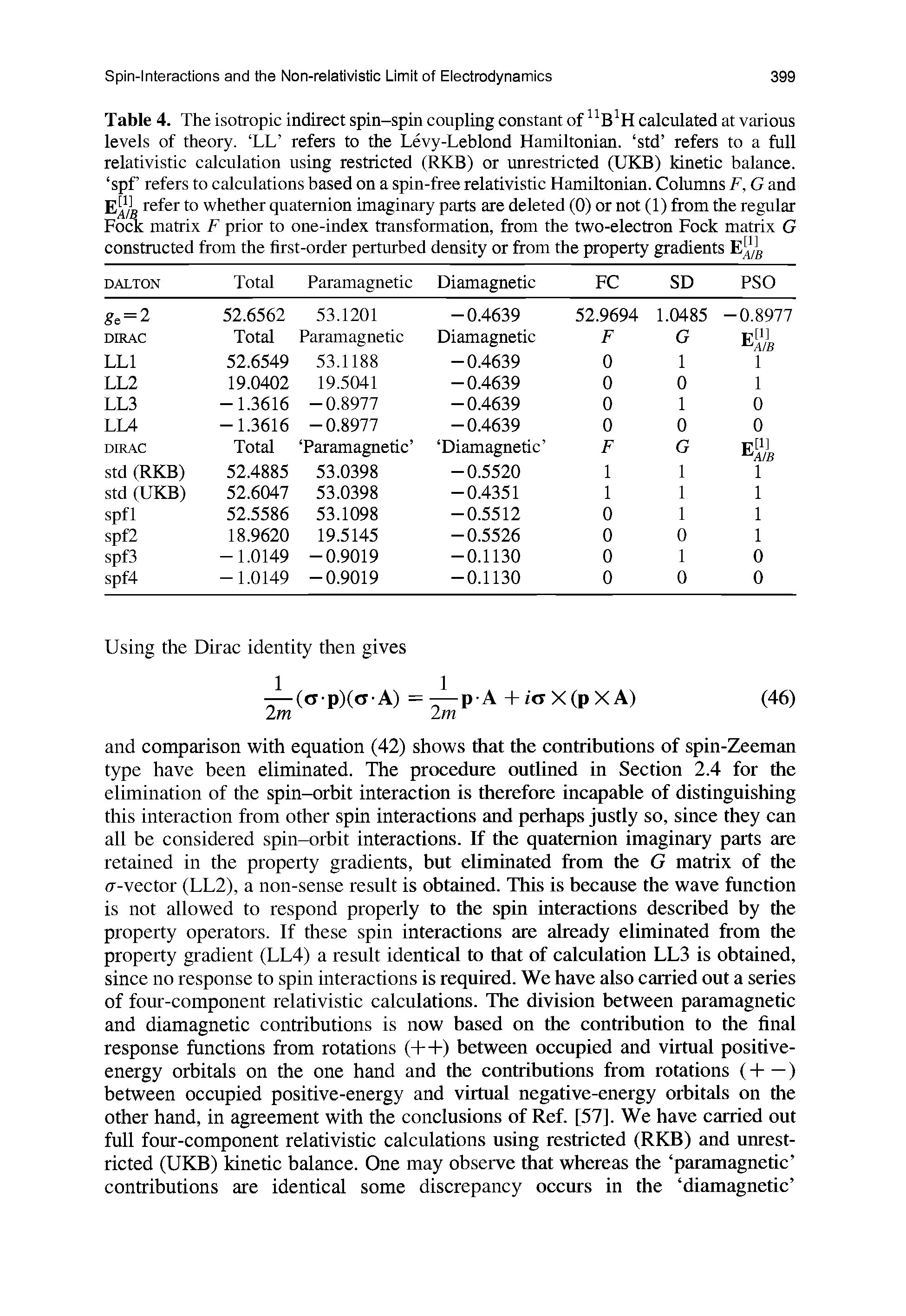 Table 4. The isotropic indirect spin-spin coupling constant of calculated at various levels of theory. LL refers to the Levy-Leblond Hamiltonian, std refers to a full relativistic calculation using restricted (RKB) or unrestricted (UKB) kinetic balance, spf refers to calculations based on a spin-free relativistic Hamiltonian. Columns F, G and whether quaternion imaginary parts are deleted (0) or not (1) from the regular Fock matrix F prior to one-index transformation, from the two-electron Fock matrix G...