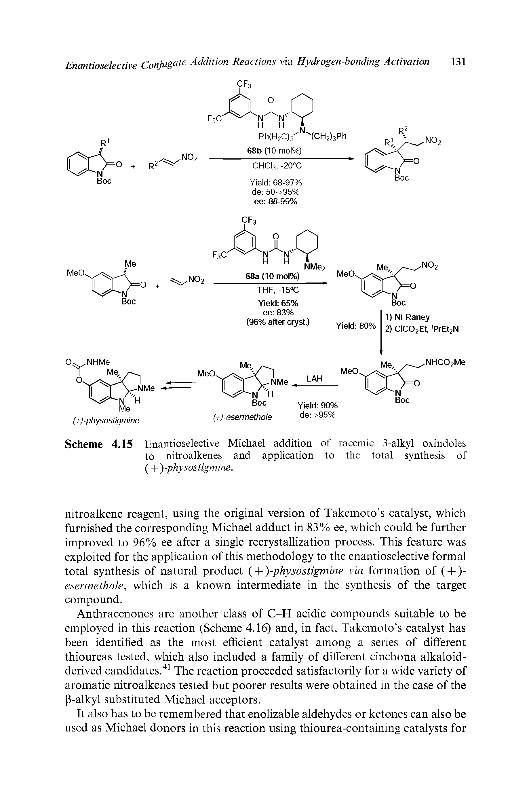 Scheme 4.15 Enantioselective Michael addition of racemic 3-alkyl oxindoles to nitroalkenes and application to the total synthesis of ( + )-physostigmine.