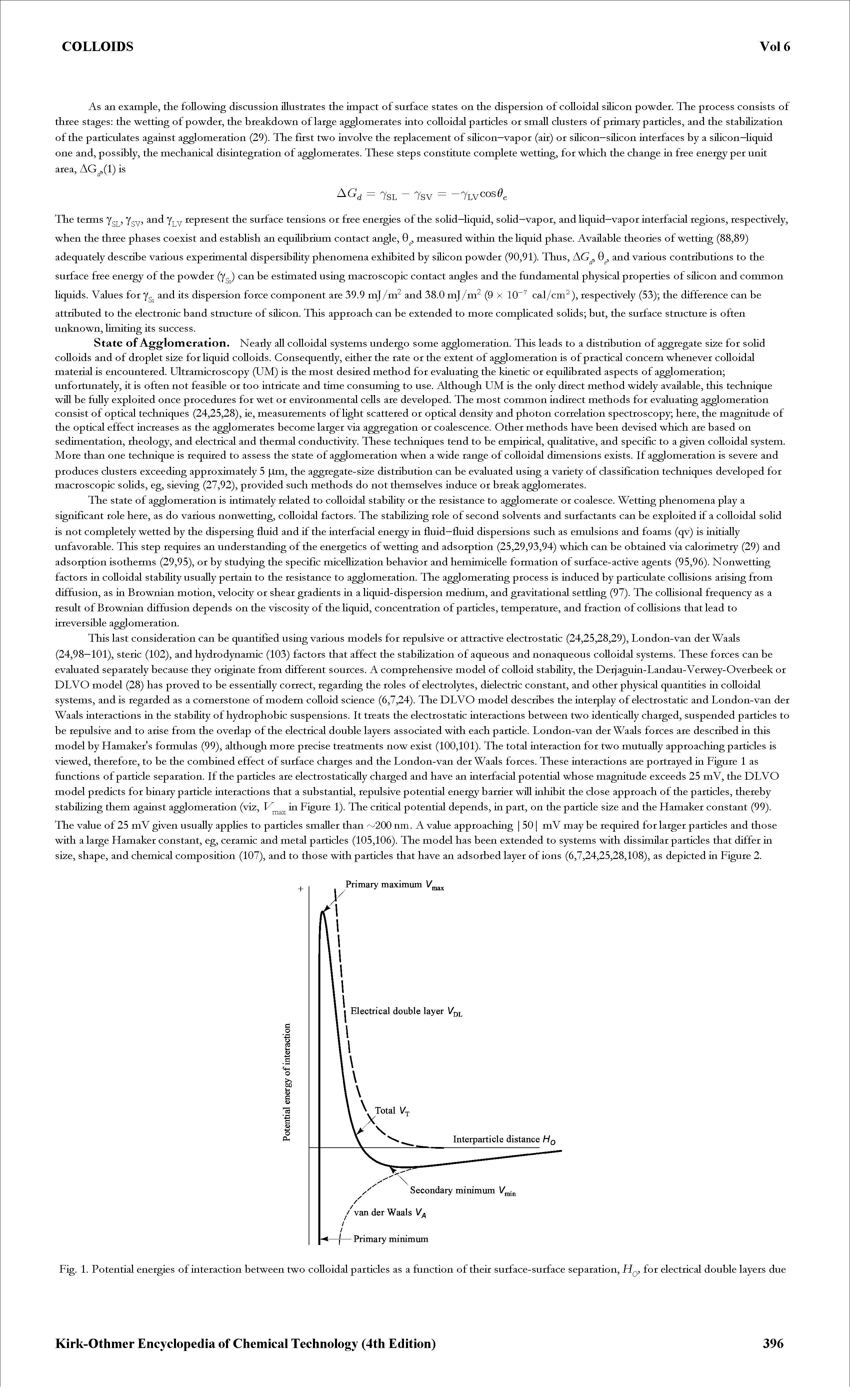 Fig. 1. Potential energies of interaction between two coUoidal particles as a function of their surface-surface separation, for electrical double layers due...