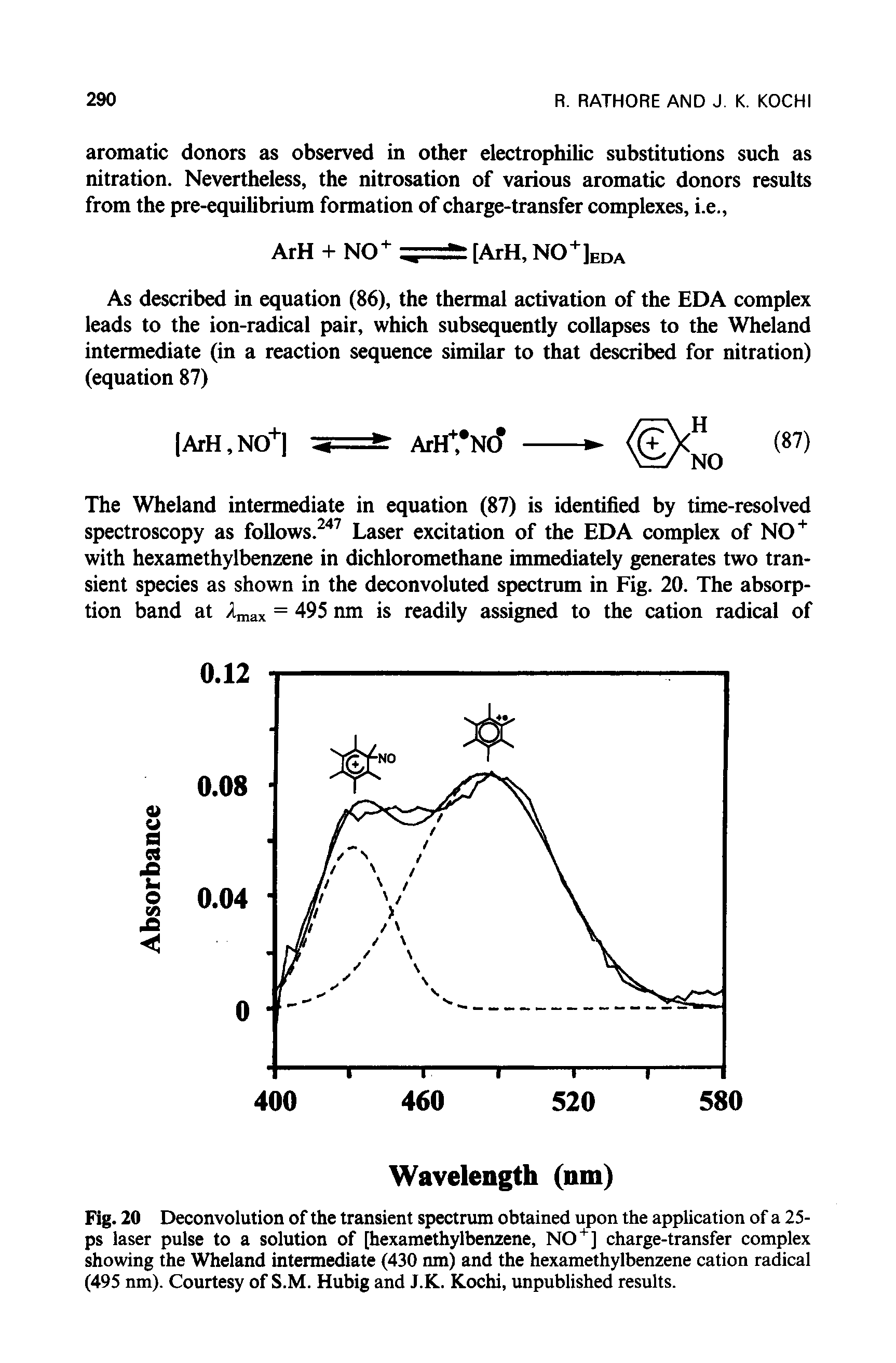Fig. 20 Deconvolution of the transient spectrum obtained upon the application of a 25-ps laser pulse to a solution of [hexamethylbenzene, NO+] charge-transfer complex showing the Wheland intermediate (430 nm) and the hexamethylbenzene cation radical (495 nm). Courtesy of S.M. Hubig and J.K. Kochi, unpublished results.