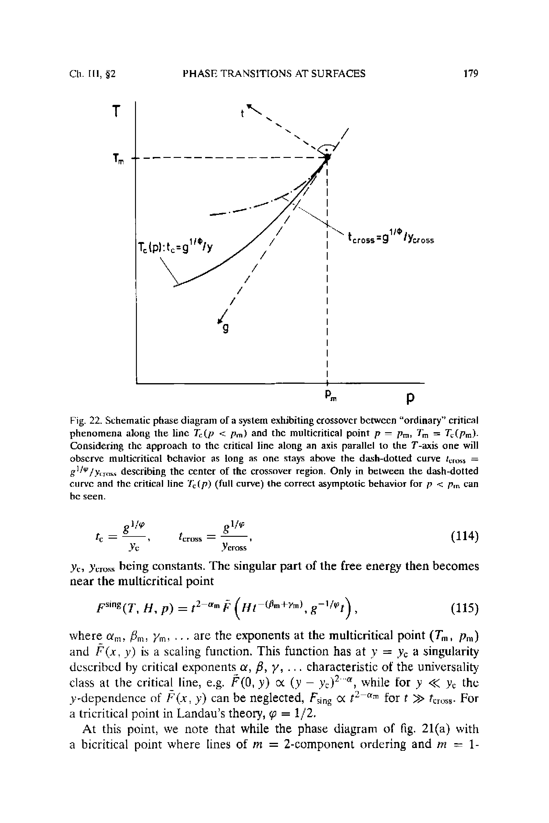 Fig. 22. Schematic phase diagram of a system exhibiting crossover between ordinary critical phenomena along the line Tc(p < pm) and the multicritical point p — pm, rm = TC(P m)-Considering the approach to the critical line along an axis parallel to the T-axis one will observe multicritical behavior as long as one stays above the dash-dotted curve /CIOS5 = describing the center of the crossover region. Only in between the dash-dotted curve and the critical line Tc(p) (full curve) the correct asymptotic behavior for p < pln can be seen.