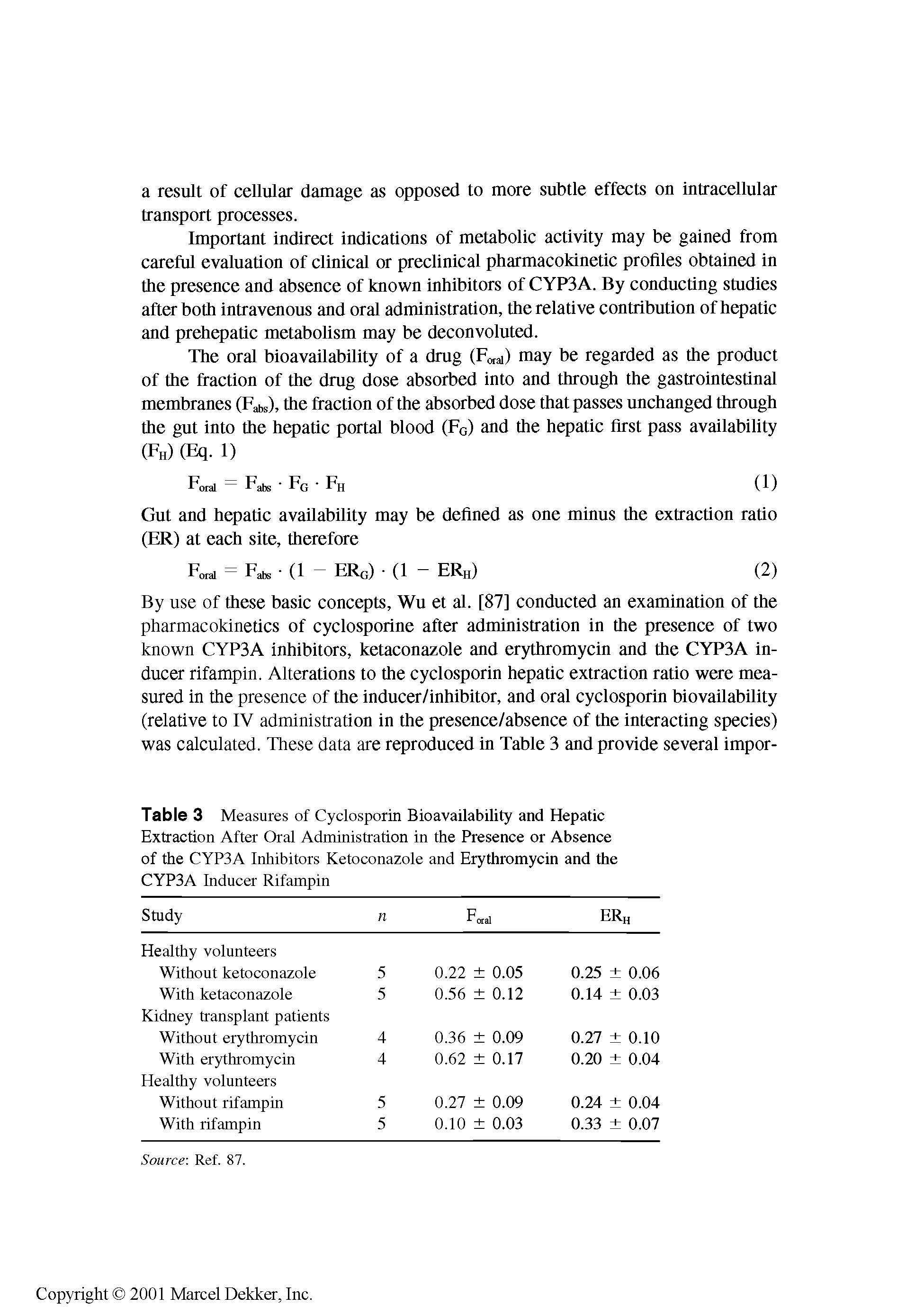 Table 3 Measures of Cyclosporin Bioavailability and Hepatic Extraction After Oral Administration in the Presence or Absence of the CYP3A Inhibitors Ketoconazole and Erythromycin and the CYP3A Inducer Rifampin...