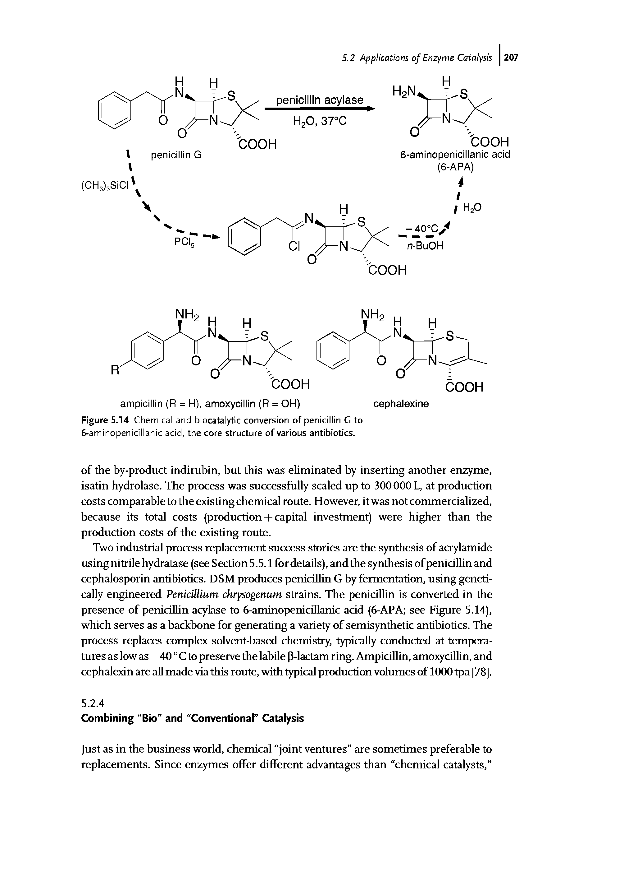 Figure 5.14 Chemical and biocatalytic conversion of penicillin G to 6-aminopenicillanic acid, the core structure of various antibiotics.