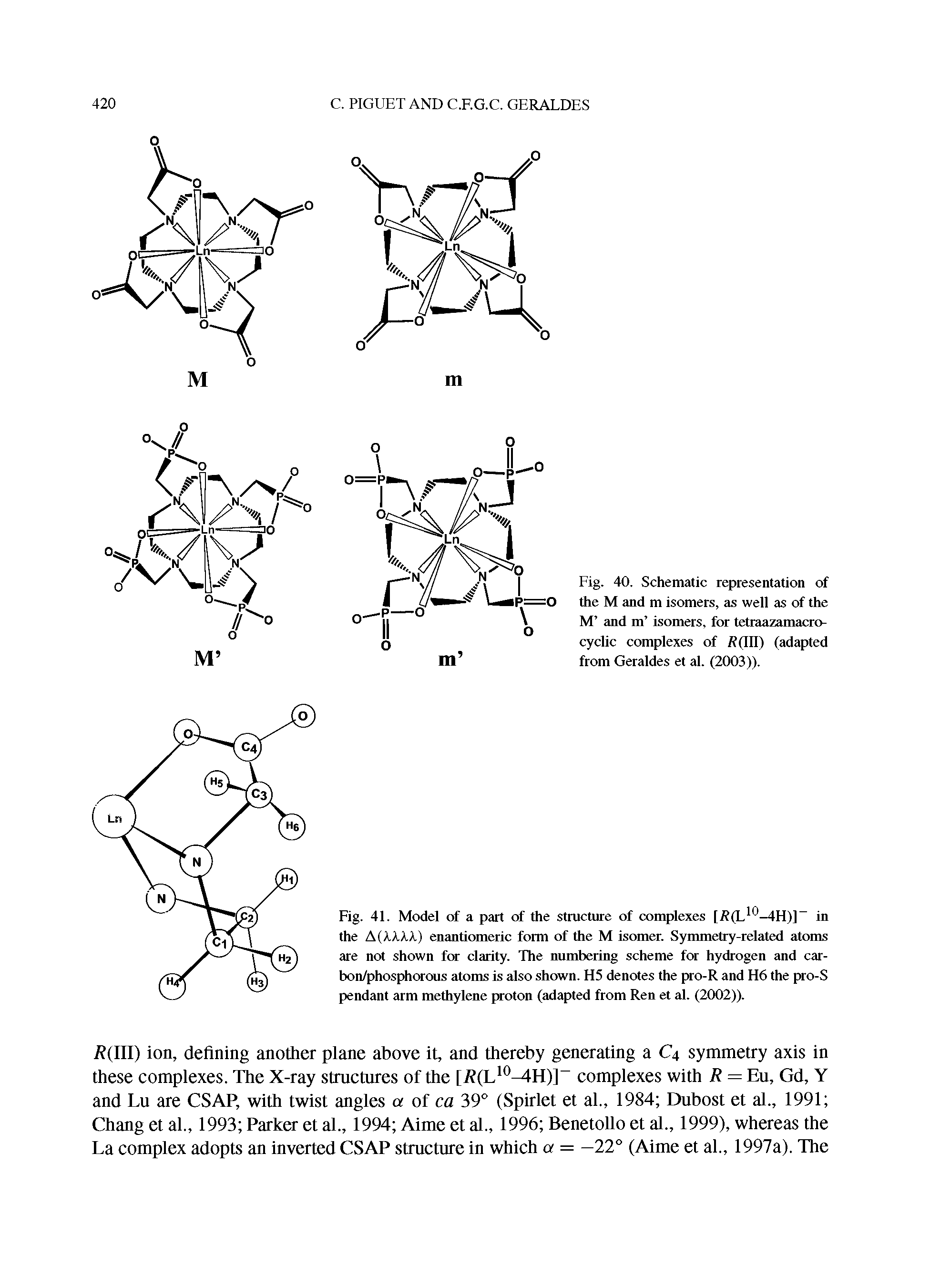 Fig. 41. Model of a part of the structure of complexes [R(L10-4H)] in the A(XXXX) enantiomeric form of the M isomer. Symmetry-related atoms are not shown for clarity. The numbering scheme for hydrogen and car-bon/phosphorous atoms is also shown. H5 denotes the pro-R and H6 the pro-S pendant arm methylene proton (adapted from Ren et al. (2002)).