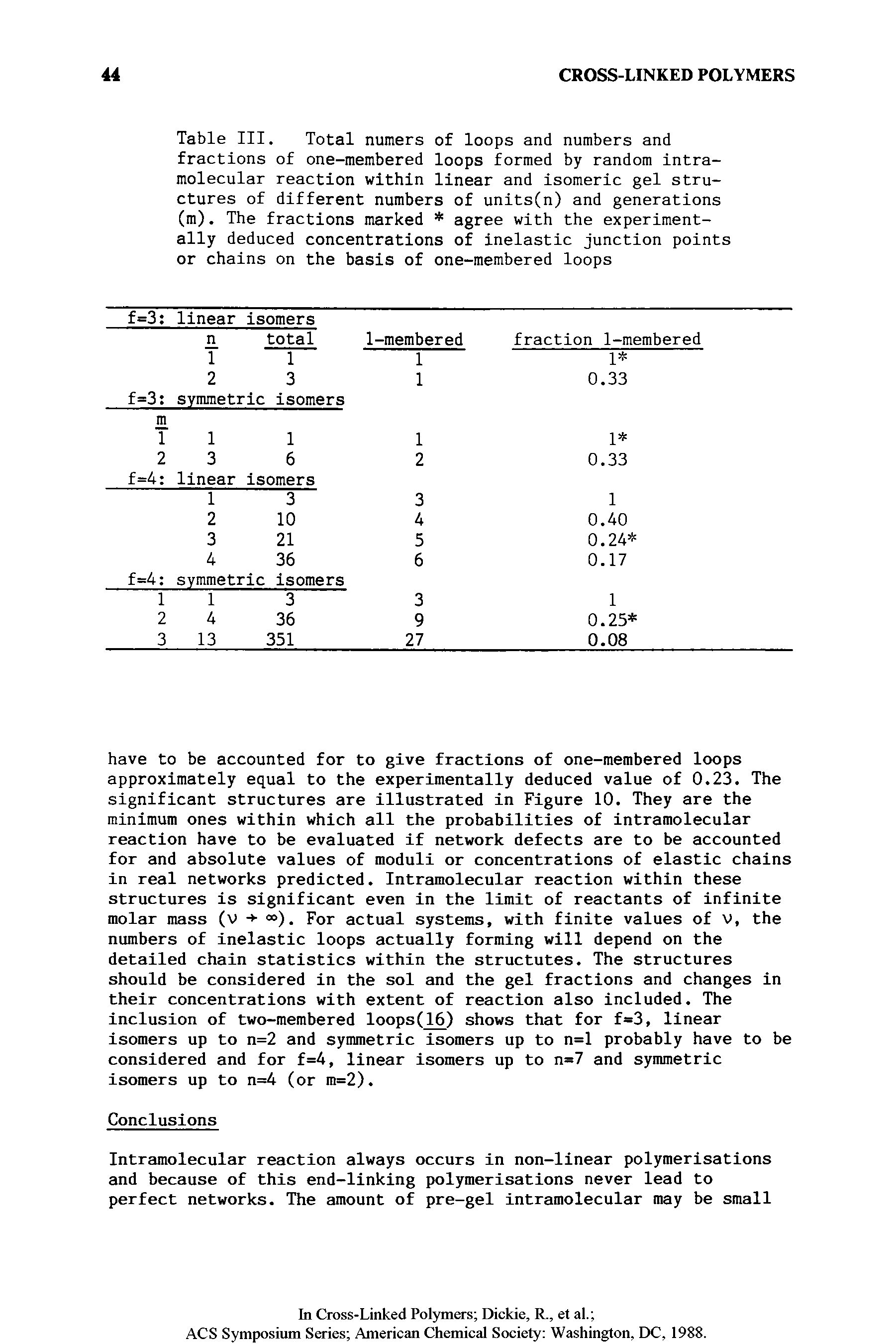 Table III. Total numers of loops and numbers and fractions of one-membered loops formed by random intramolecular reaction within linear and isomeric gel structures of different numbers of units(n) and generations (m). The fractions marked agree with the experimentally deduced concentrations of inelastic junction points or chains on the basis of one-membered loops...