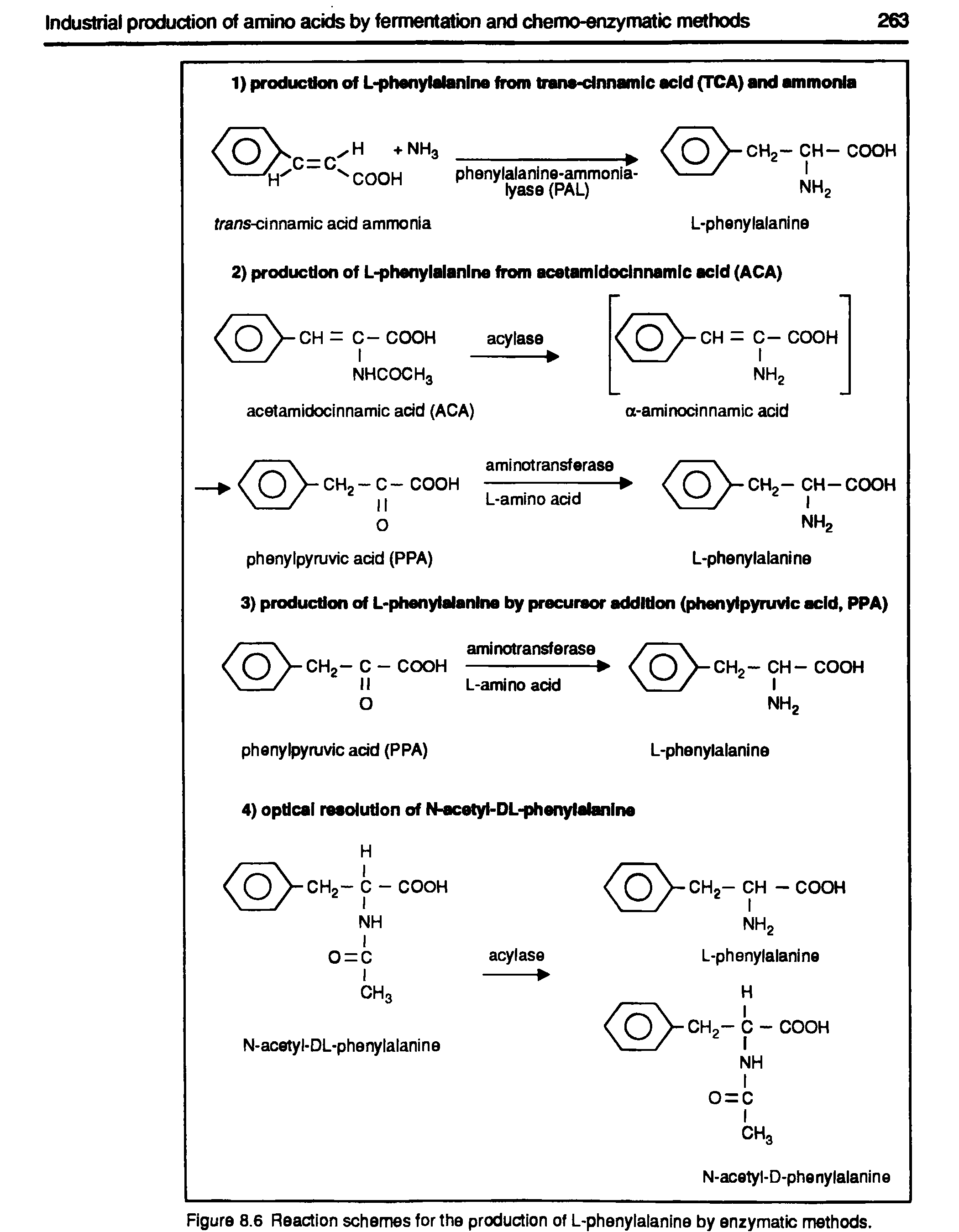 Figure 8.6 Reaction schemes for the production of L-phenylalanine by enzymatic methods.