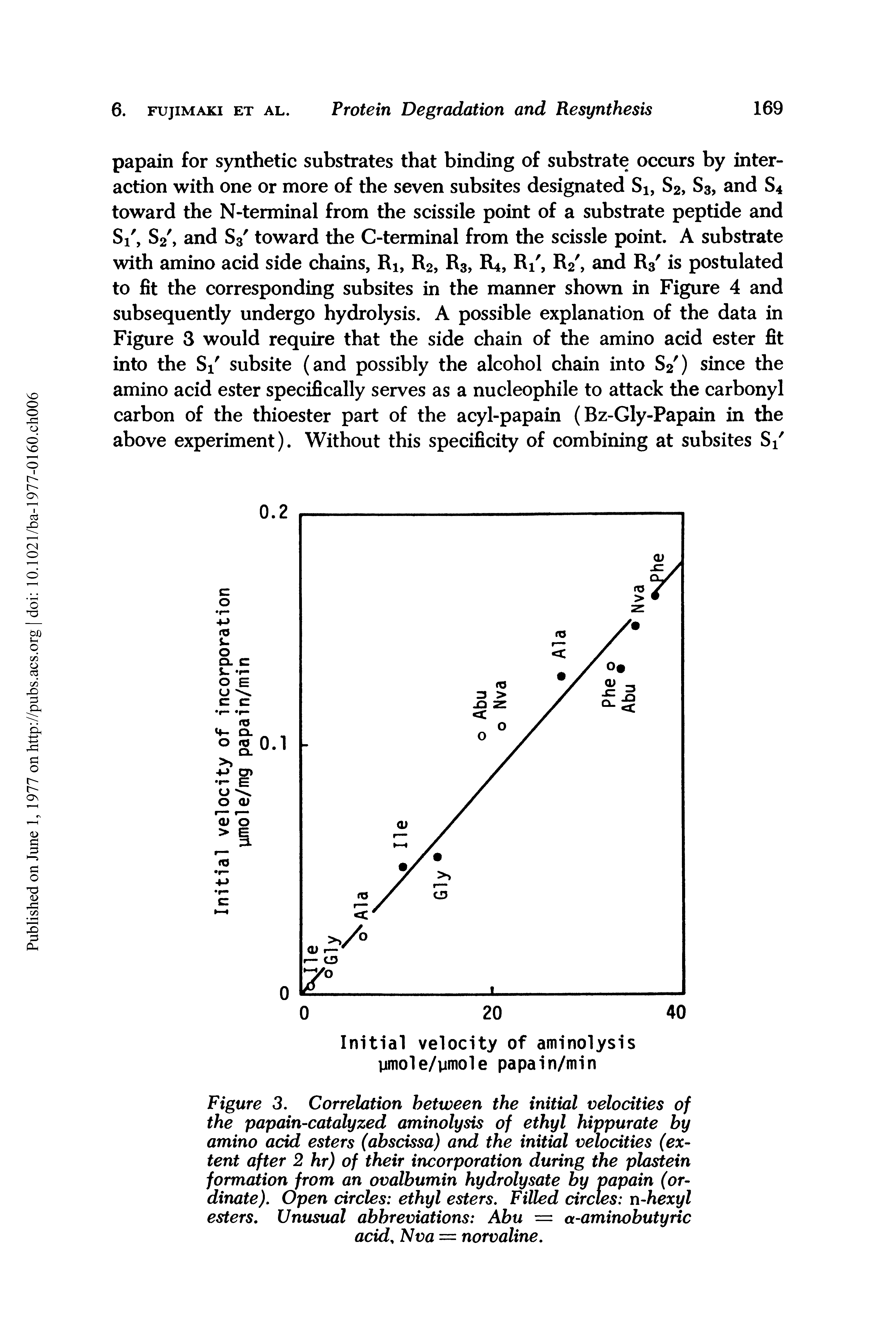 Figure 3. Correlation between the initial velocities of the papain-catalyzed aminolysis of ethyl hippurate by amino add esters (abscissa) and the initial velocities (extent after 2 hr) of their incorporation during the plastein formation from an ovalbumin hydrolysate by papain (ordinate). Open circles ethyl esters. Filled drcles n-hexyl esters. Unusual abbreviations Abu = a-aminobutyric acid, Nva = norvaline.