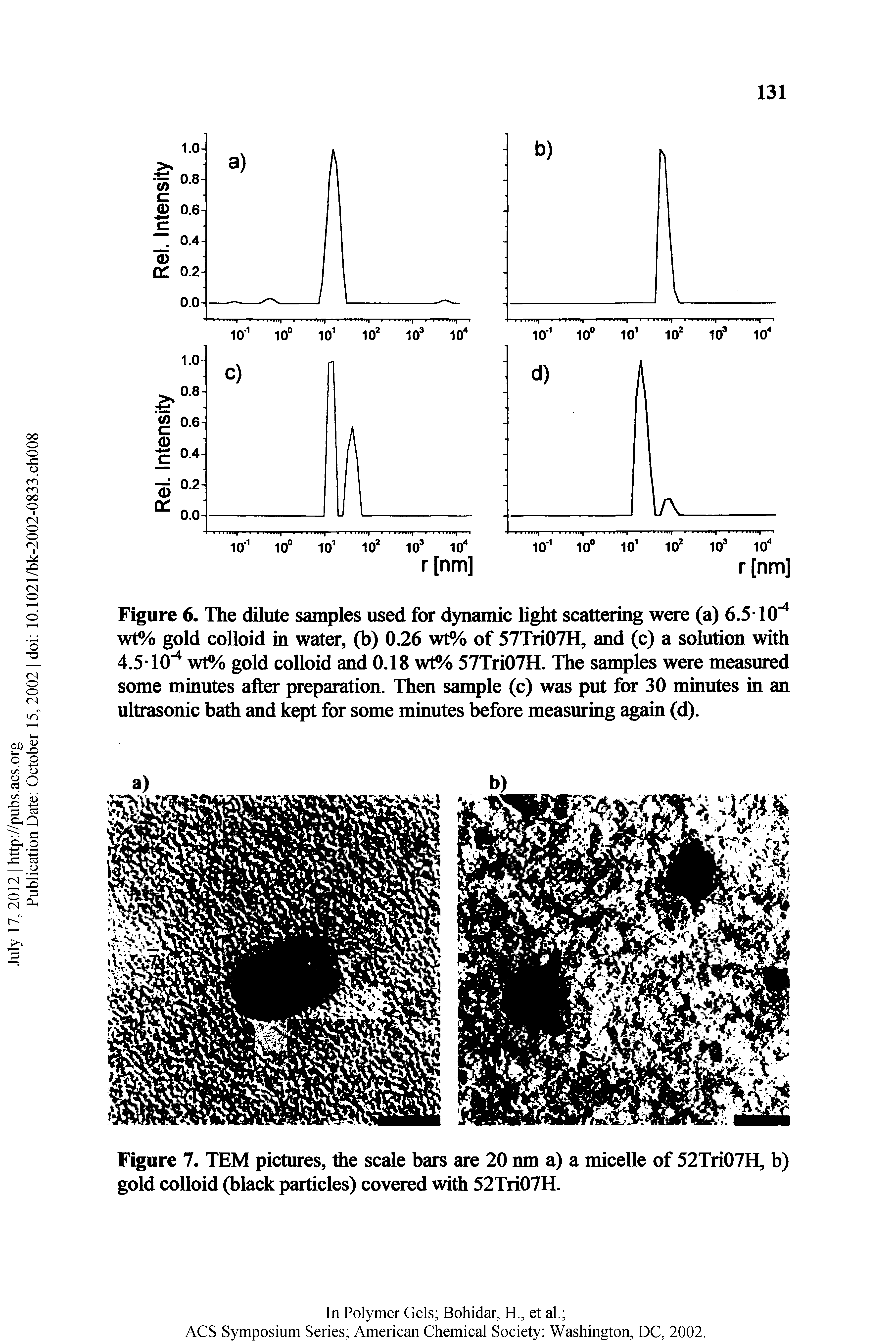 Figure 7. TEM pictures, the scale bars are 20 mn a) a micelle of 52Tri07H, b) gold colloid (black particles) covered wiA 52Tri07H.