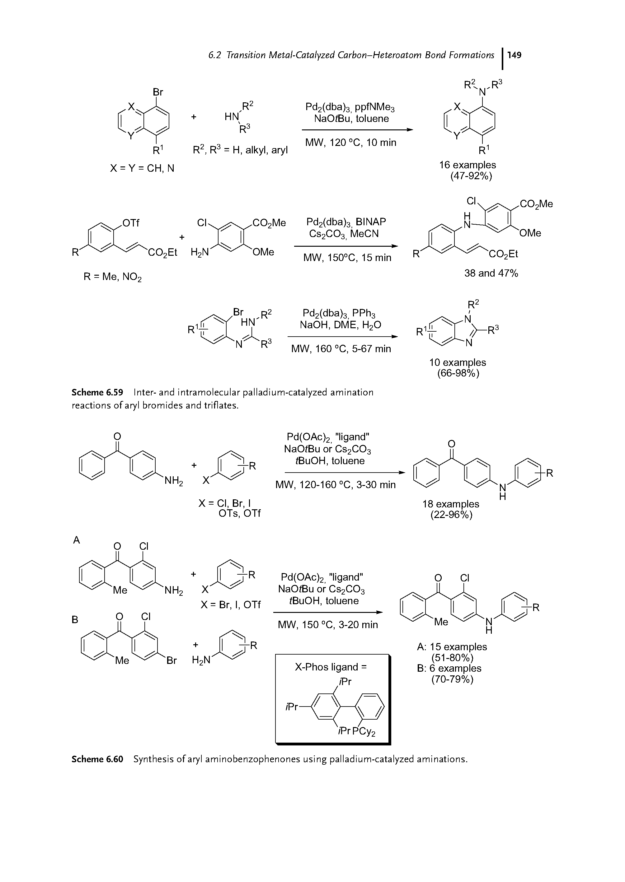 Scheme 6.59 Inter- and intramolecular palladium-catalyzed amination reactions of aryl bromides and triflates.