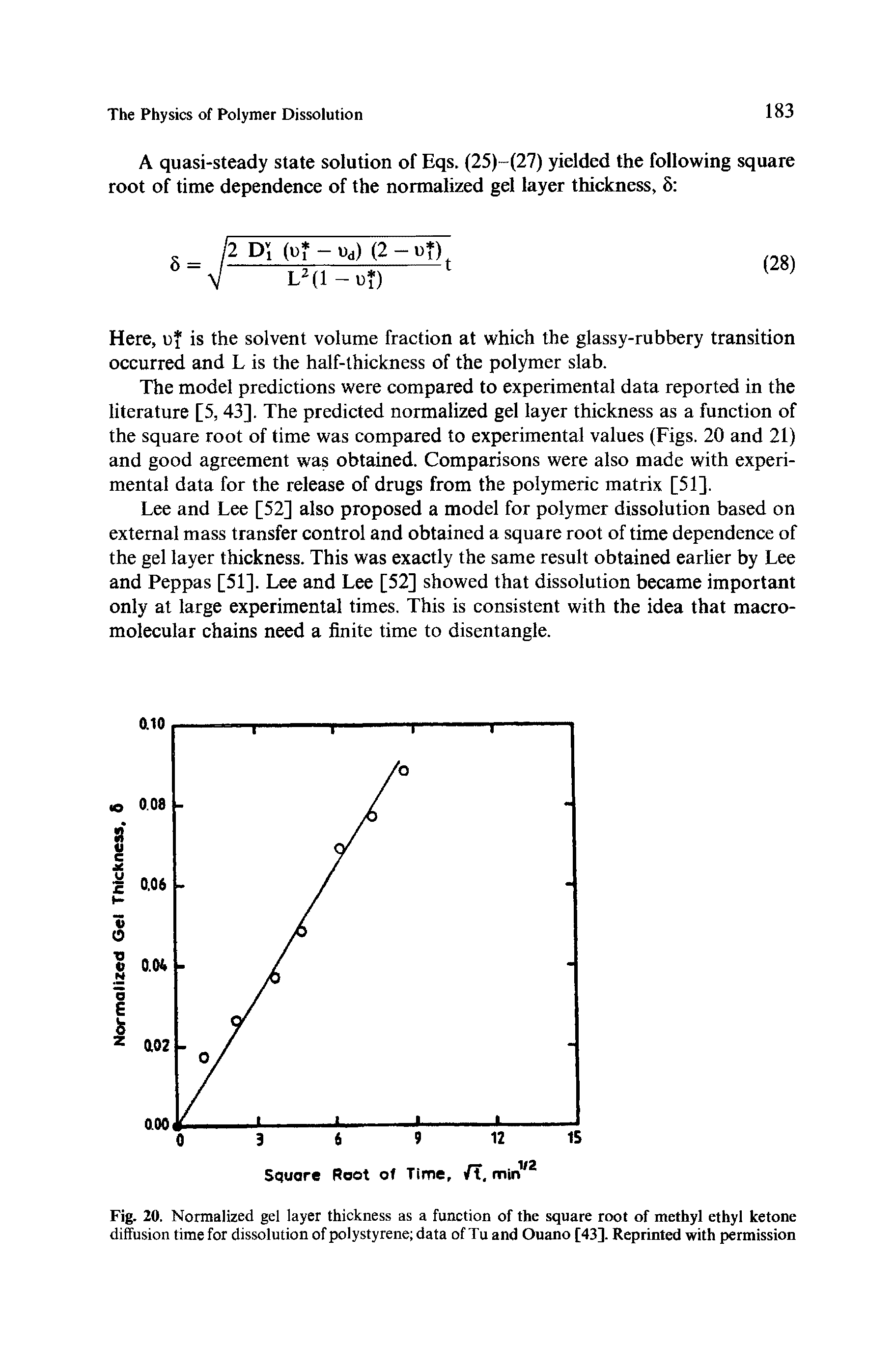 Fig. 20. Normalized gel layer thickness as a function of the square root of methyl ethyl ketone diffusion time for dissolution of polystyrene data of Tu and Ouano [43]. Reprinted with permission...