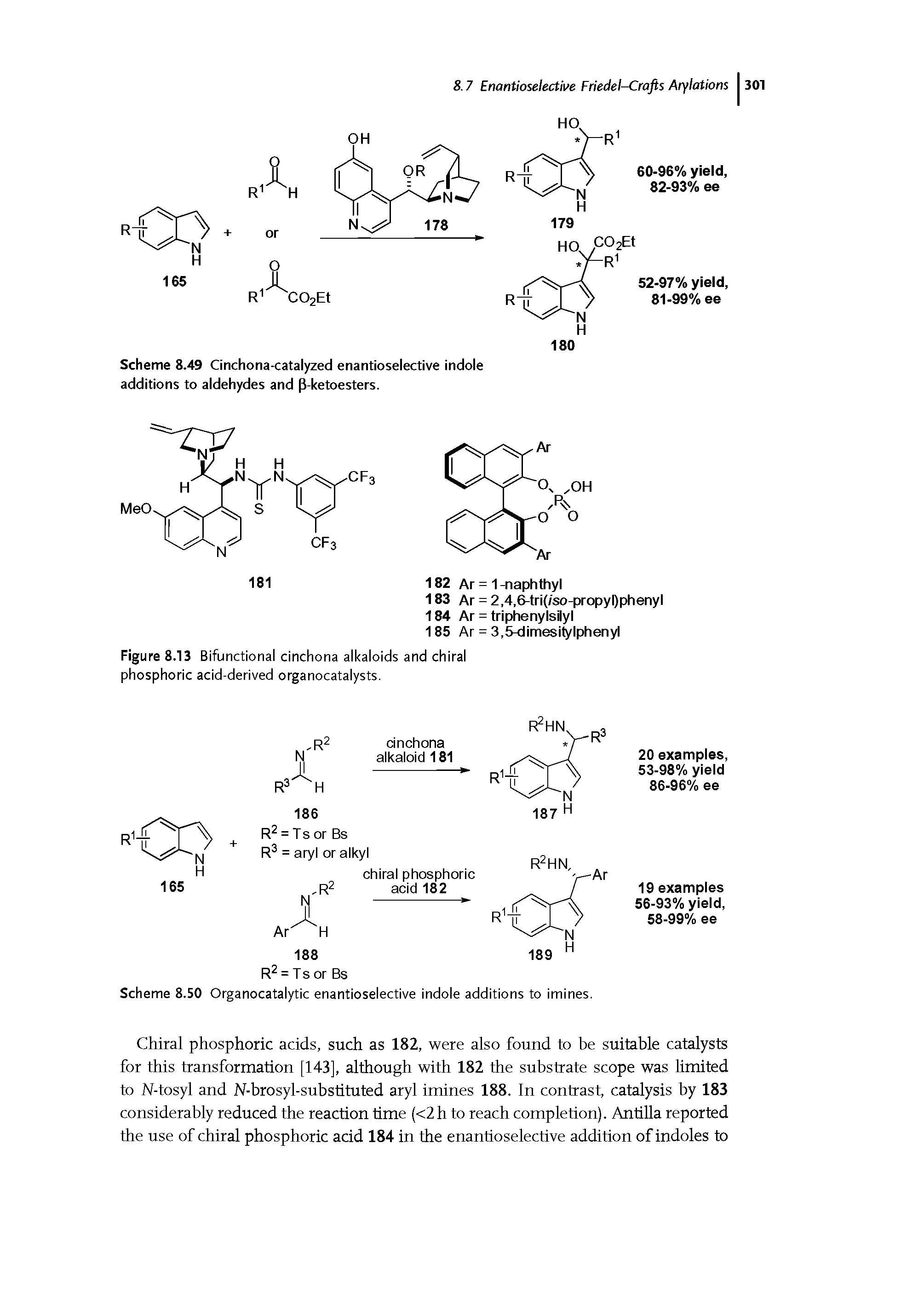 Scheme 8.49 Cinchona<atalyzed enantioselective indole additions to aldehydes and P-ketoesters.