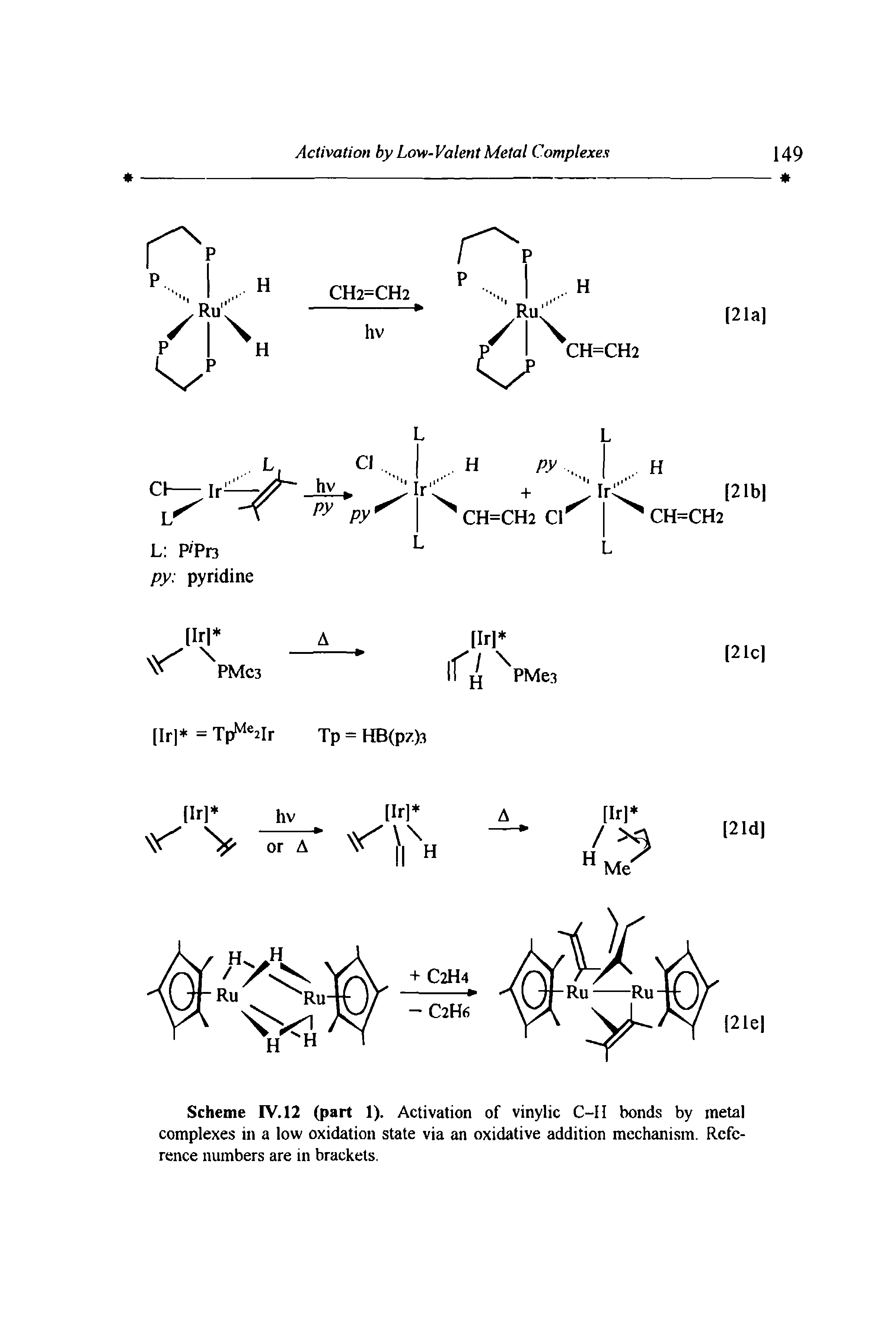 Scheme IV. 12 (part 1). Activation of vinylic C-H bonds by metal complexes in a low oxidation state via an oxidative addition mechanism. Reference numbers are in brackets.