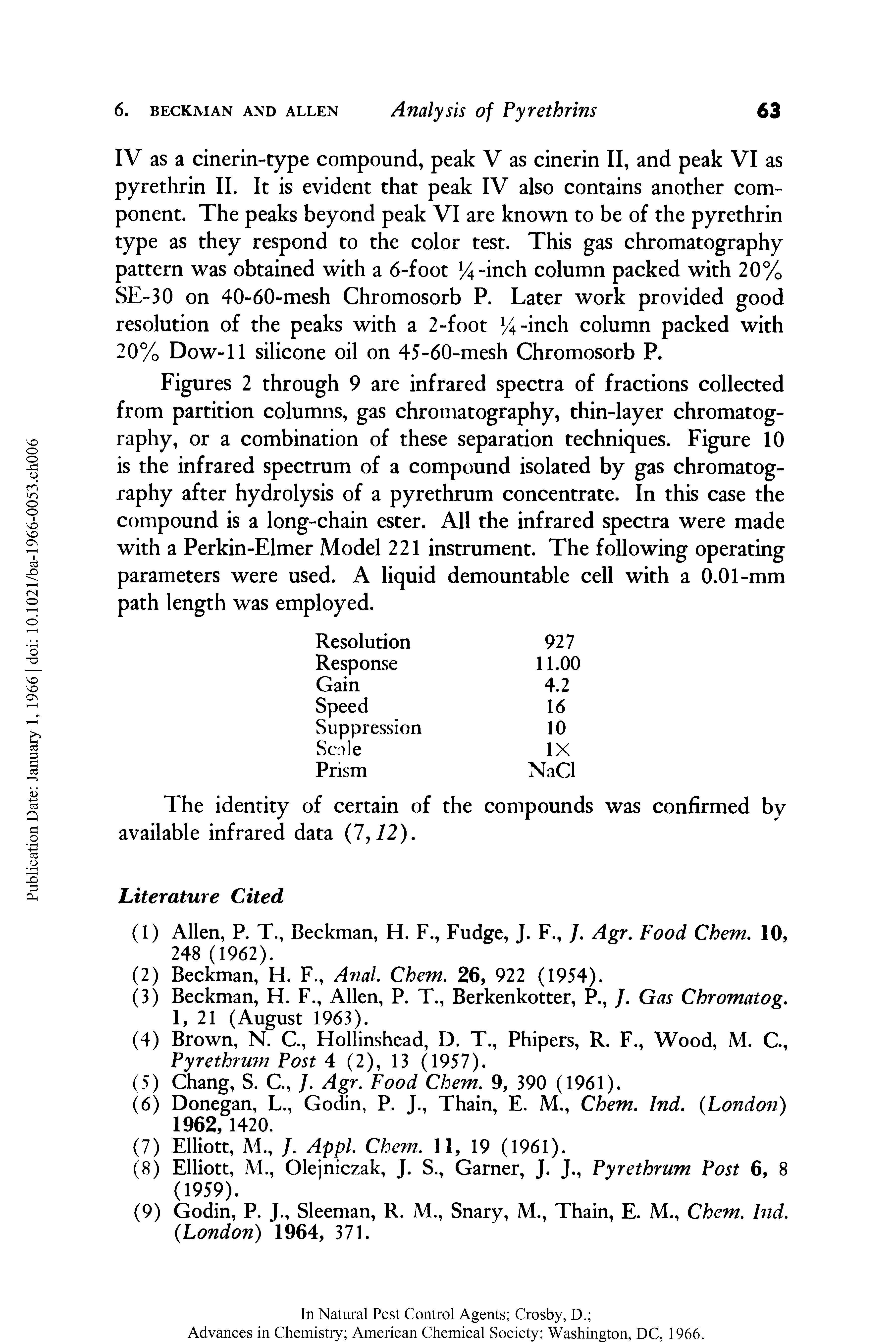 Figures 2 through 9 are infrared spectra of fractions collected from partition columns, gas chromatography, thin-layer chromatography, or a combination of these separation techniques. Figure 10 is the infrared spectrum of a compound isolated by gas chromatography after hydrolysis of a pyrethrum concentrate. In this case the compound is a long-chain ester. All the infrared spectra were made with a Perkin-Elmer Model 221 instrument. The following operating parameters were used. A liquid demountable cell with a 0.01-mm path length was employed.