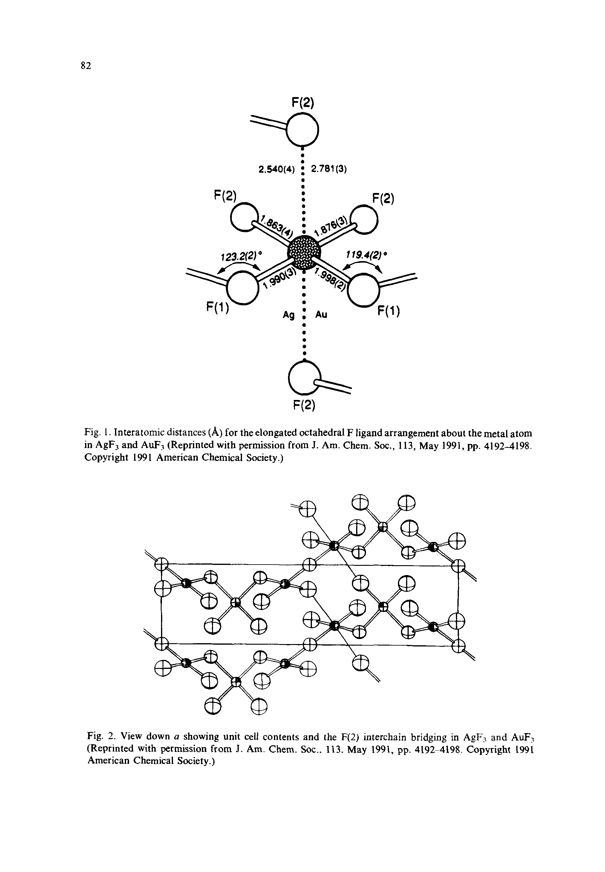 Fig. 2. View down a showing unit cell contents and the F(2) interchain bridging in Agl and AuF3 (Reprinted with permission from J. Am. Chem. Soc.. 113. May 1991, pp. 4192-4198. Copyright 1991 American Chemical Society.)...