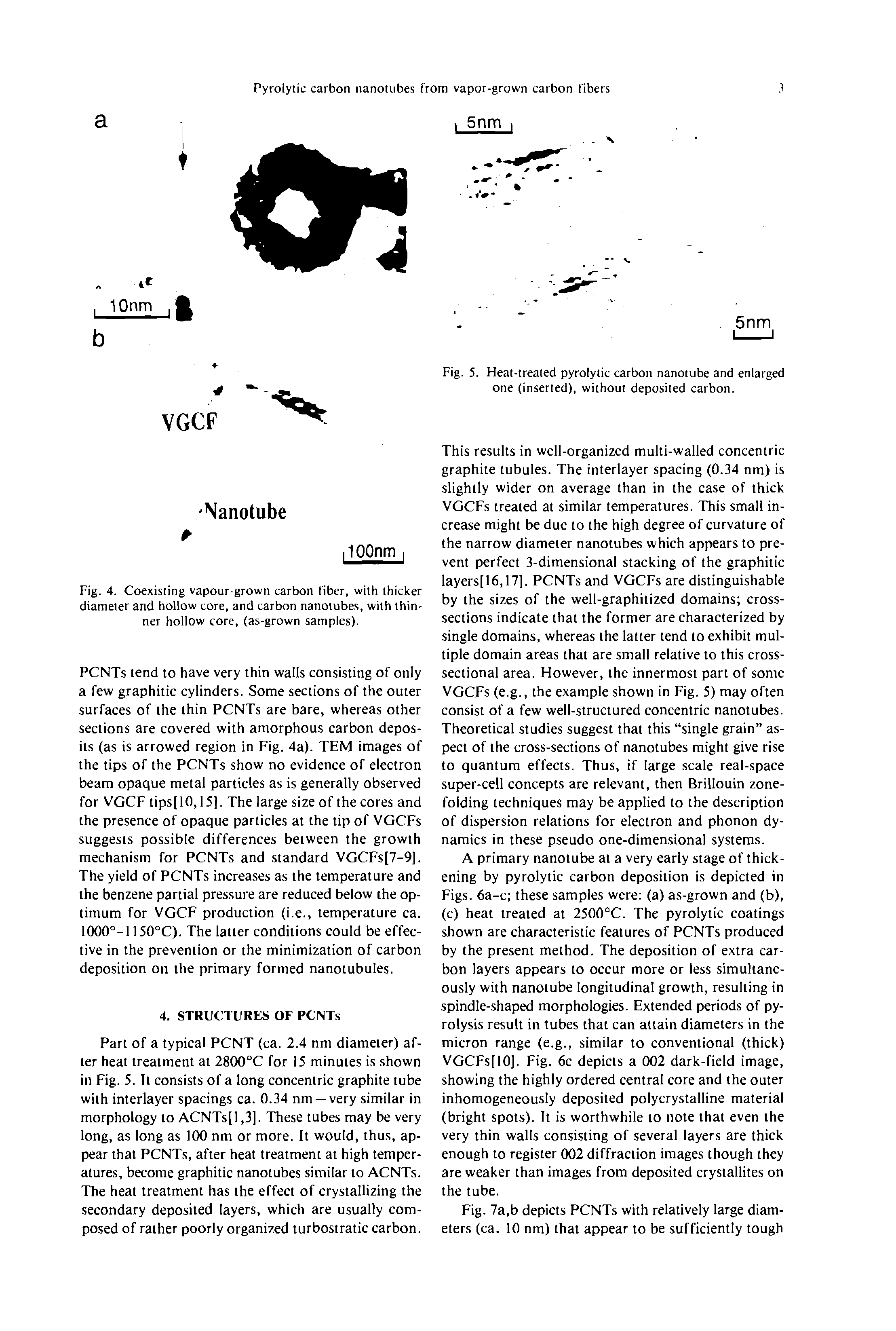 Fig. 4. Coexisting vapour-grown carbon fiber, with thicker diameter and hollow core, and carbon nanolubes, with thinner hollow core, (as-grown samples).