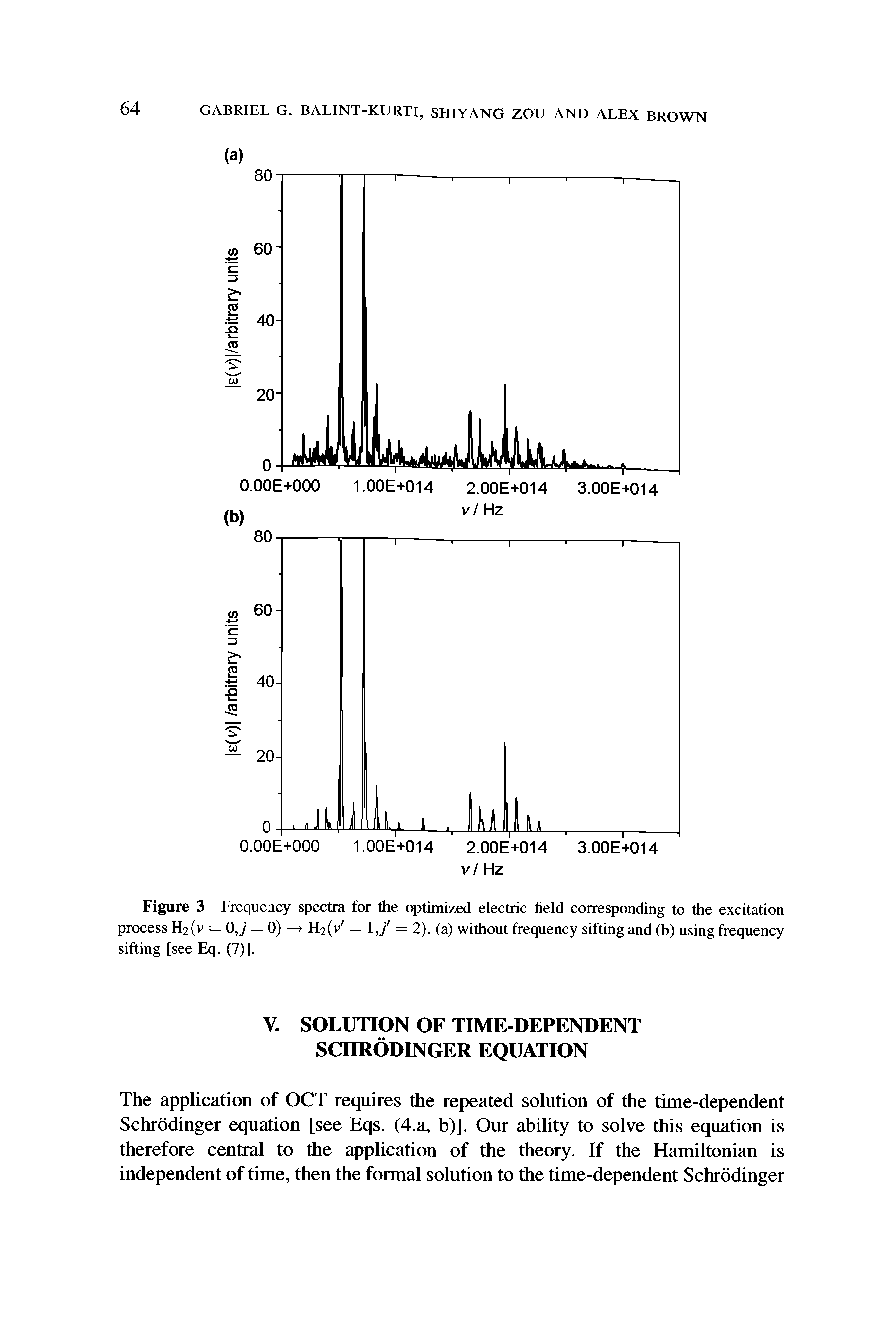 Figure 3 Frequency spectra for the optimized electric field corresponding to the excitation process H2(v = 0,j = 0) —> H2(v = 1,/ = 2). (a) without frequency sifting and (b) using frequency sifting [see Eq. (7)].