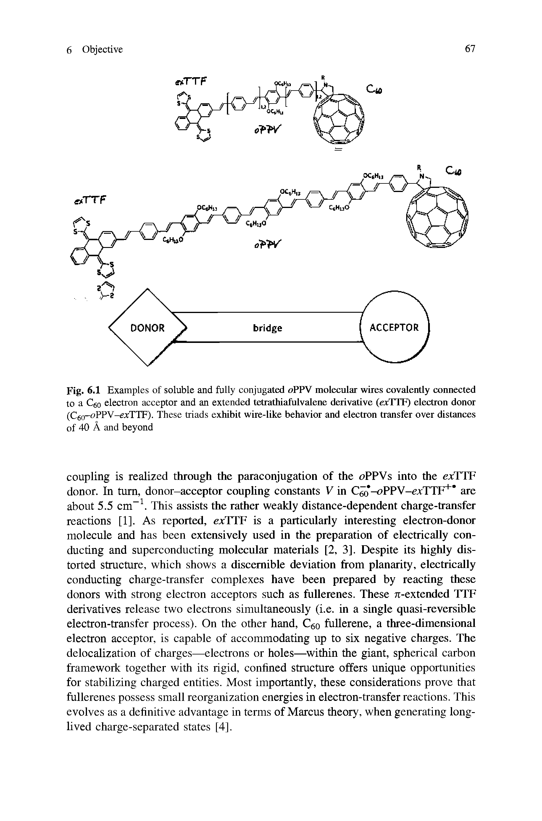 Fig. 6-1 Examples of soluble and fully conjugated oPPV molecular wires covalently connected to a C60 electron acceptor and an extended tetrathiafulvalene derivative (exTTF) electron donor (C/sn-oWV-exTTF). These triads exhibit wire-like behavior and electron transfer over distances of 40 A and beyond...