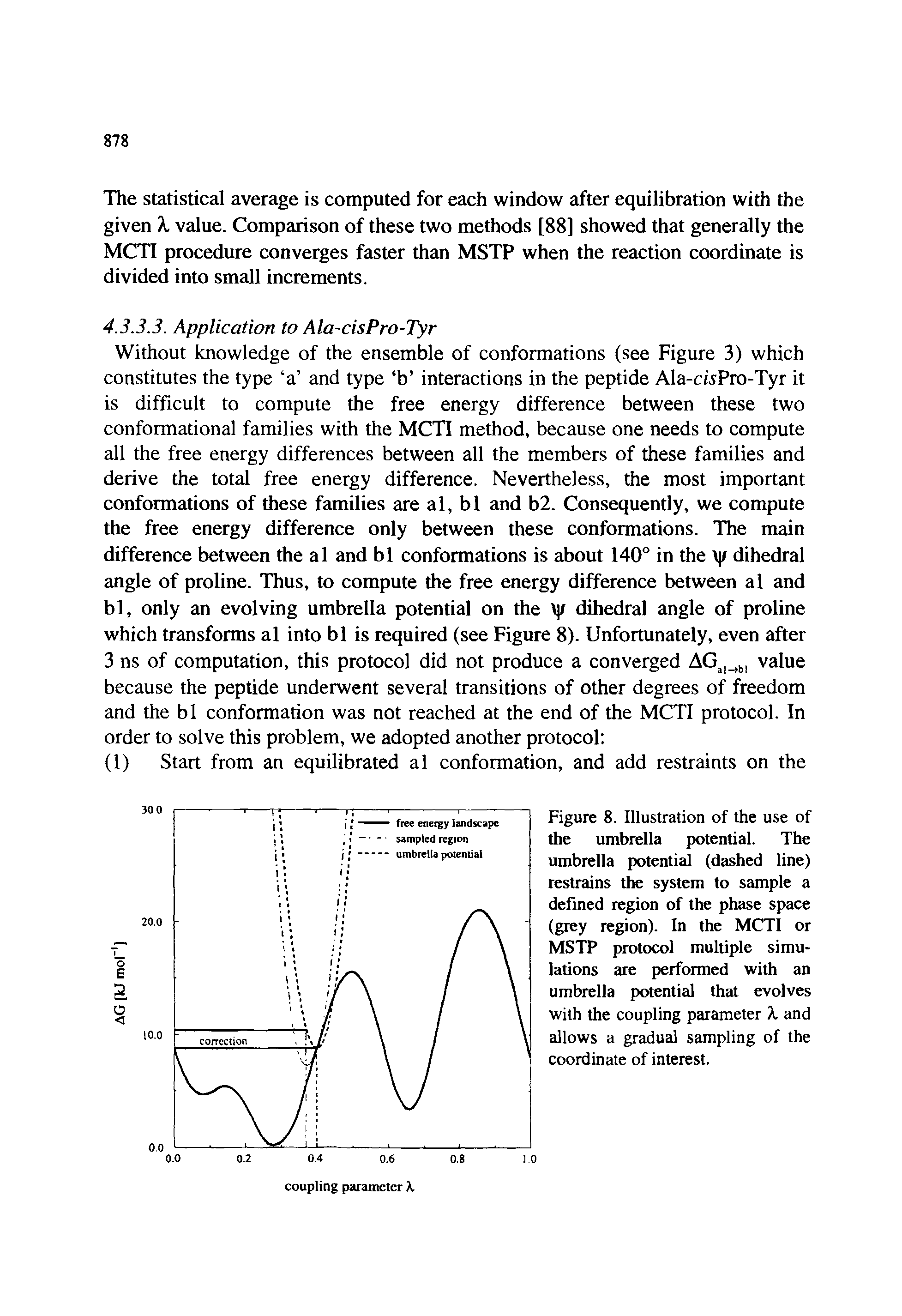 Figure 8. Illustration of the use of the umbrella potential. The umbrella potential (dashed line) restrains the system to sample a defined region of the phase space (grey region). In the MCTI or MSTP protocol multiple simulations are performed with an umbrella potential that evolves with the coupling parameter X and allows a gradual sampling of the coordinate of interest.