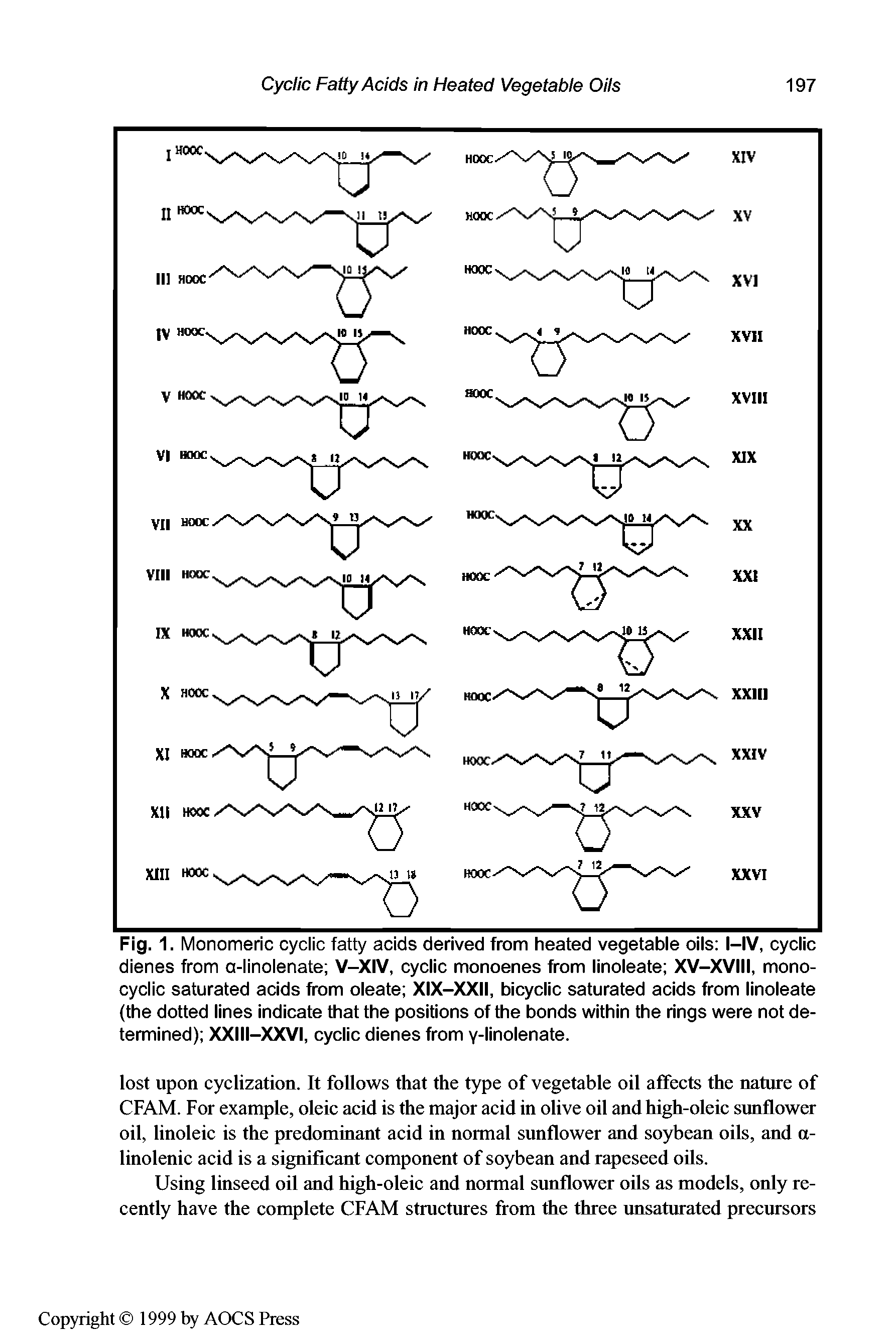 Fig.1. Monomeric cyclic fatty acids derived from heated vegetable oils l-IV, cyclic dienes from o-linolenate V-XIV, cyclic monoenes from linoleate XV-XVIll, mono-cyclic saturated acids from oleate XIX-XXII, bicyclic saturated acids from linoleate (the dotted lines indicate that the positions of the bonds within the rings were not determined) XXIII-XXVI, cyclic dienes from y-linolenate.