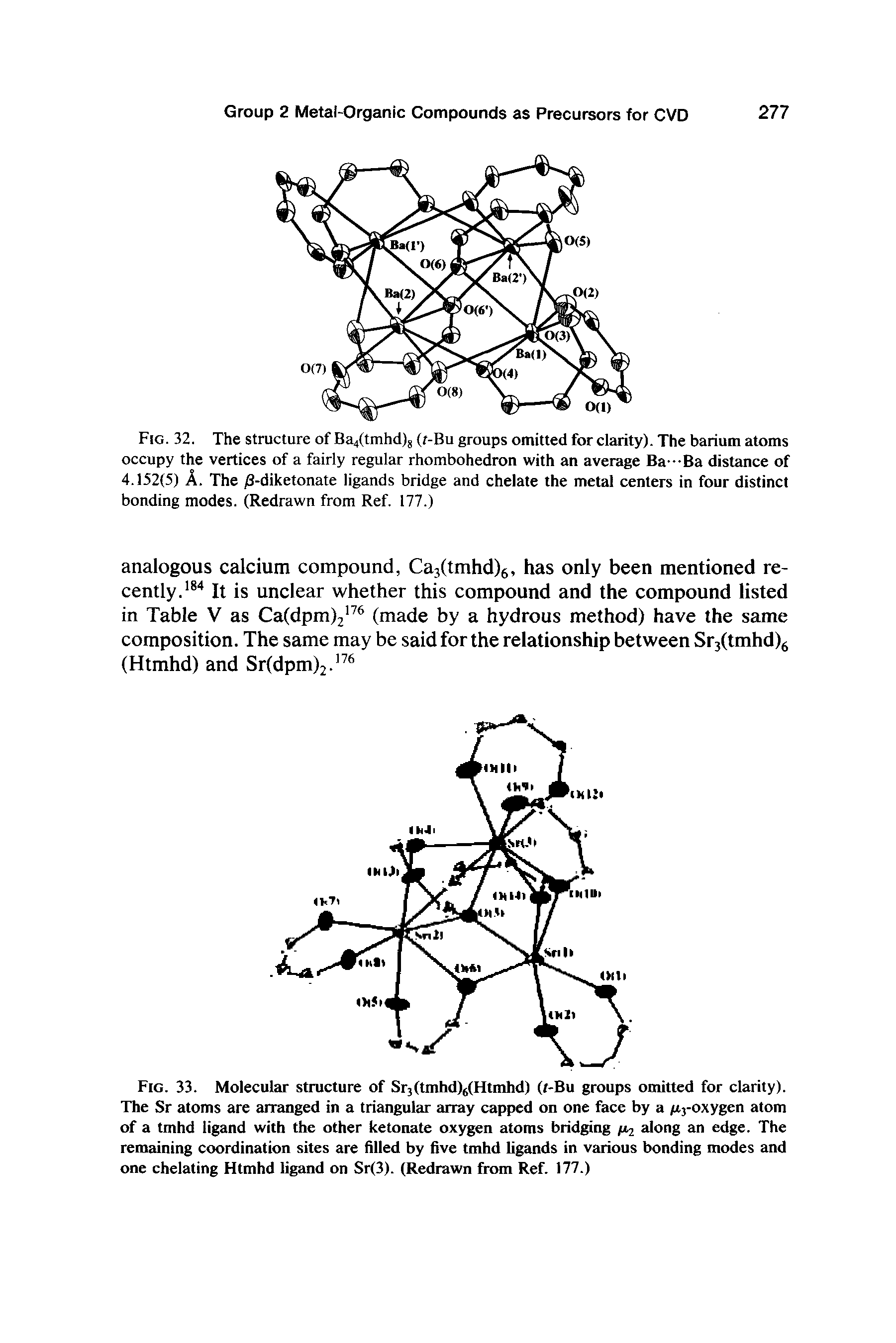 Fig. 32. The structure of Ba4(tmhd)8 (r-Bu groups omitted for clarity). The barium atoms occupy the vertices of a fairly regular rhombohedron with an average Ba---Ba distance of 4.152(5) A. The /3-diketonate ligands bridge and chelate the metal centers in four distinct bonding modes. (Redrawn from Ref. 177.)...