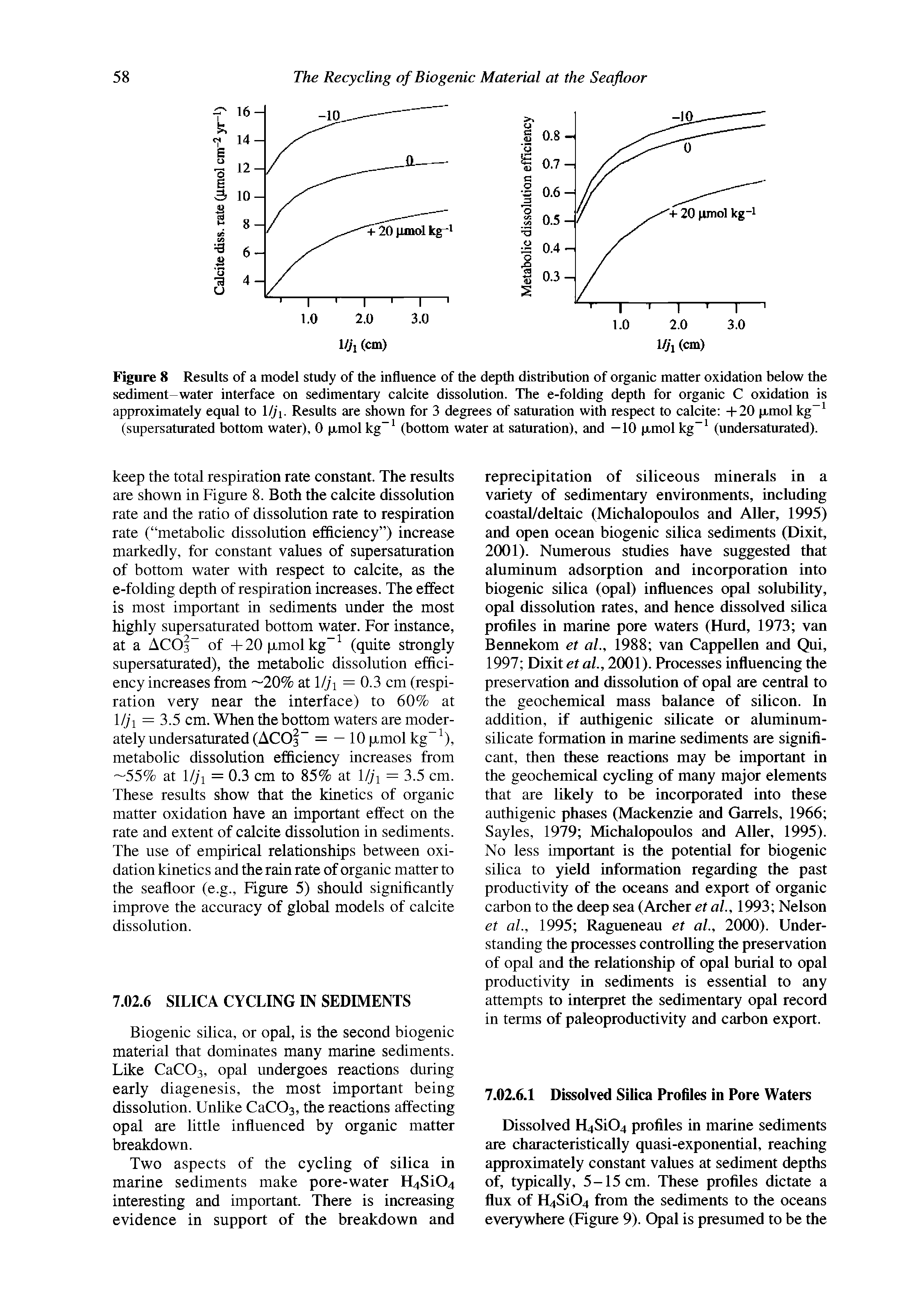 Figure 8 Results of a model study of the influence of the depth distribution of organic matter oxidation below the sediment-water interface on sedimentary calcite dissolution. The e-folding depth for organic C oxidation is approximately equal to l/ji. Results are shown for 3 degrees of saturation with respect to calcite - -20 p,molkg (supersaturated bottom water), 0 p,mol kg (bottom water at saturation), and —10 p,mol kg (undersaturated).