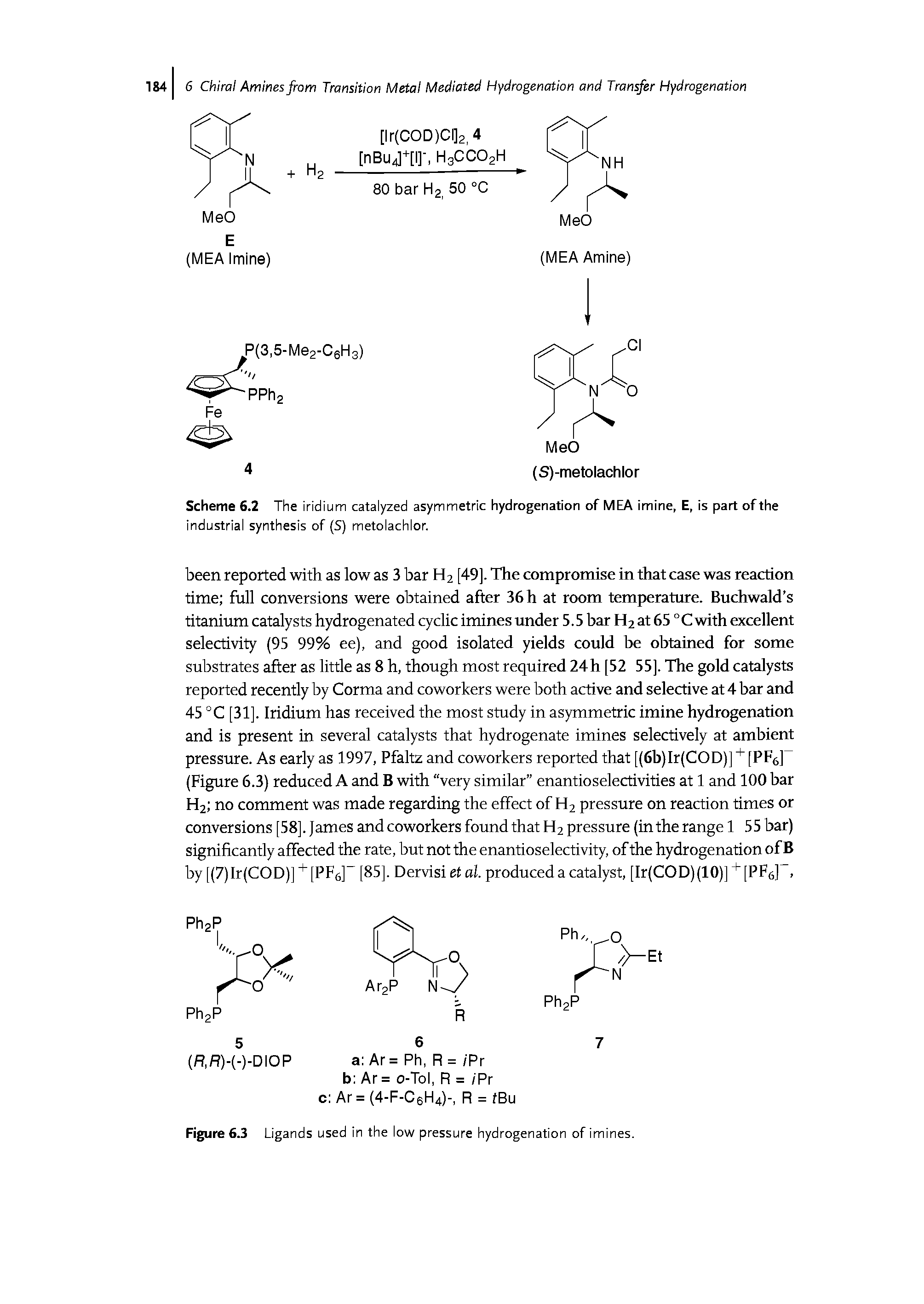 Scheme 6.2 The iridium catalyzed asymmetric hydrogenation of MEA imine, E, is part of the industrial synthesis of (S) metolachlor.