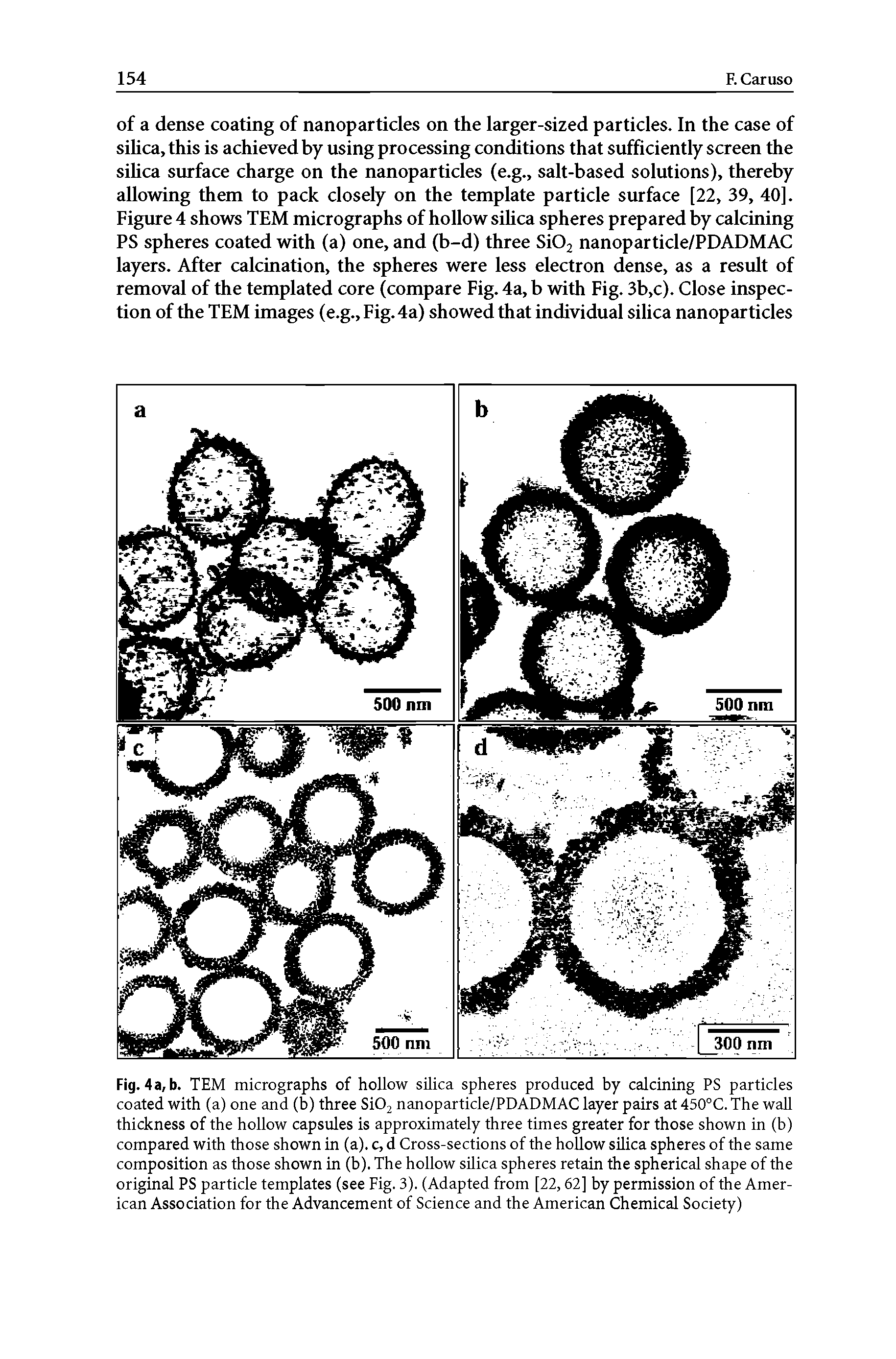 Fig. 4 a, b. TEM micrographs of hollow silica spheres produced by calcining PS particles coated with (a) one and (b) three Si02 nanoparticle/PDADMAC layer pairs at 450°C. The wall thickness of the hollow capsules is approximately three times greater for those shown in (b) compared with those shown in (a), c, d Cross-sections of the hollow silica spheres of the same composition as those shown in (b). The hollow silica spheres retain the spherical shape of the original PS particle templates (see Fig. 3). (Adapted from [22,62] by permission of the American Association for the Advancement of Science and the American Chemical Society)...