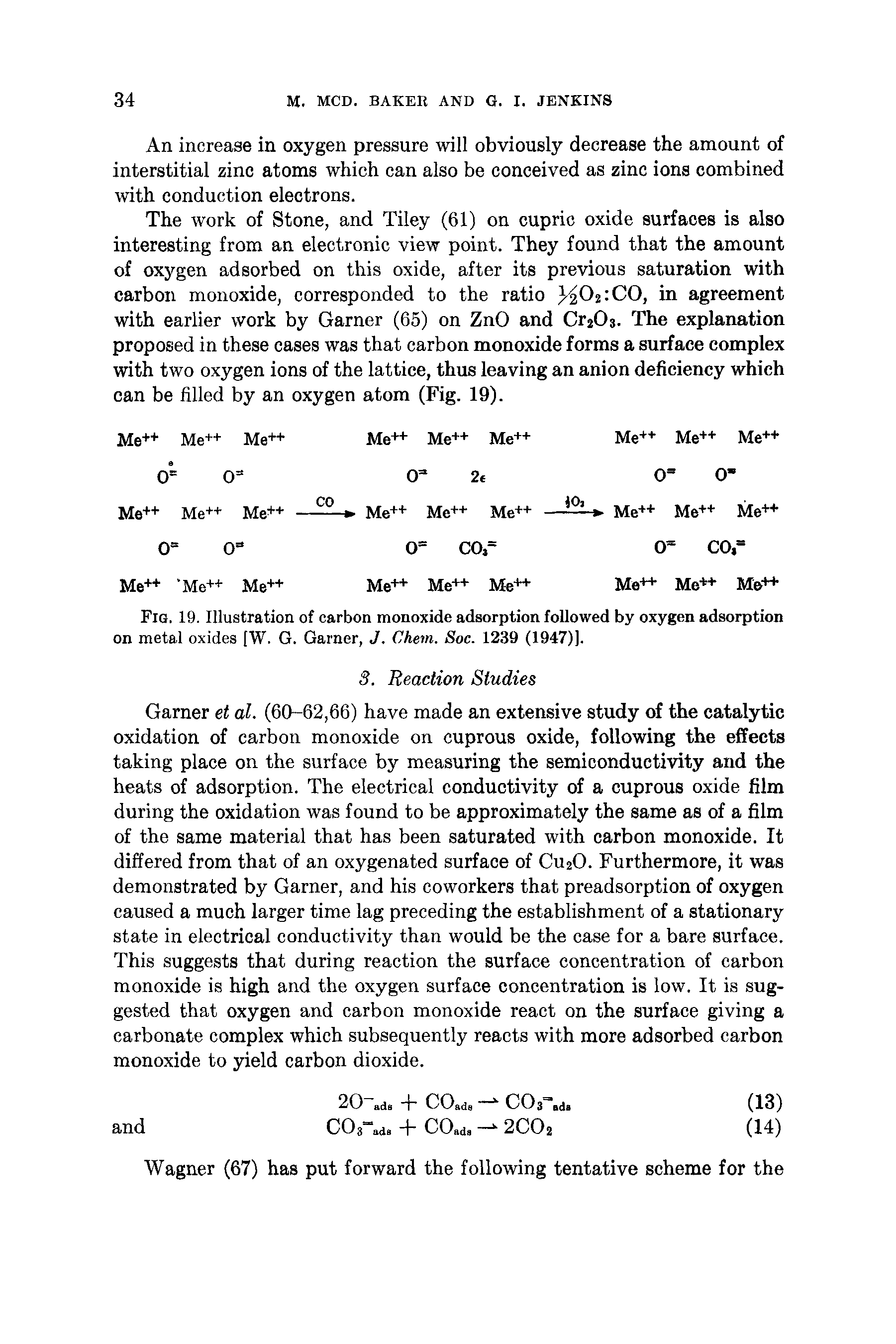 Fig. 19. Illustration of carbon monoxide adsorption followed by oxygen adsorption on metal oxides [W. G. Garner, J. Chem. Soc. 1239 (1947)].