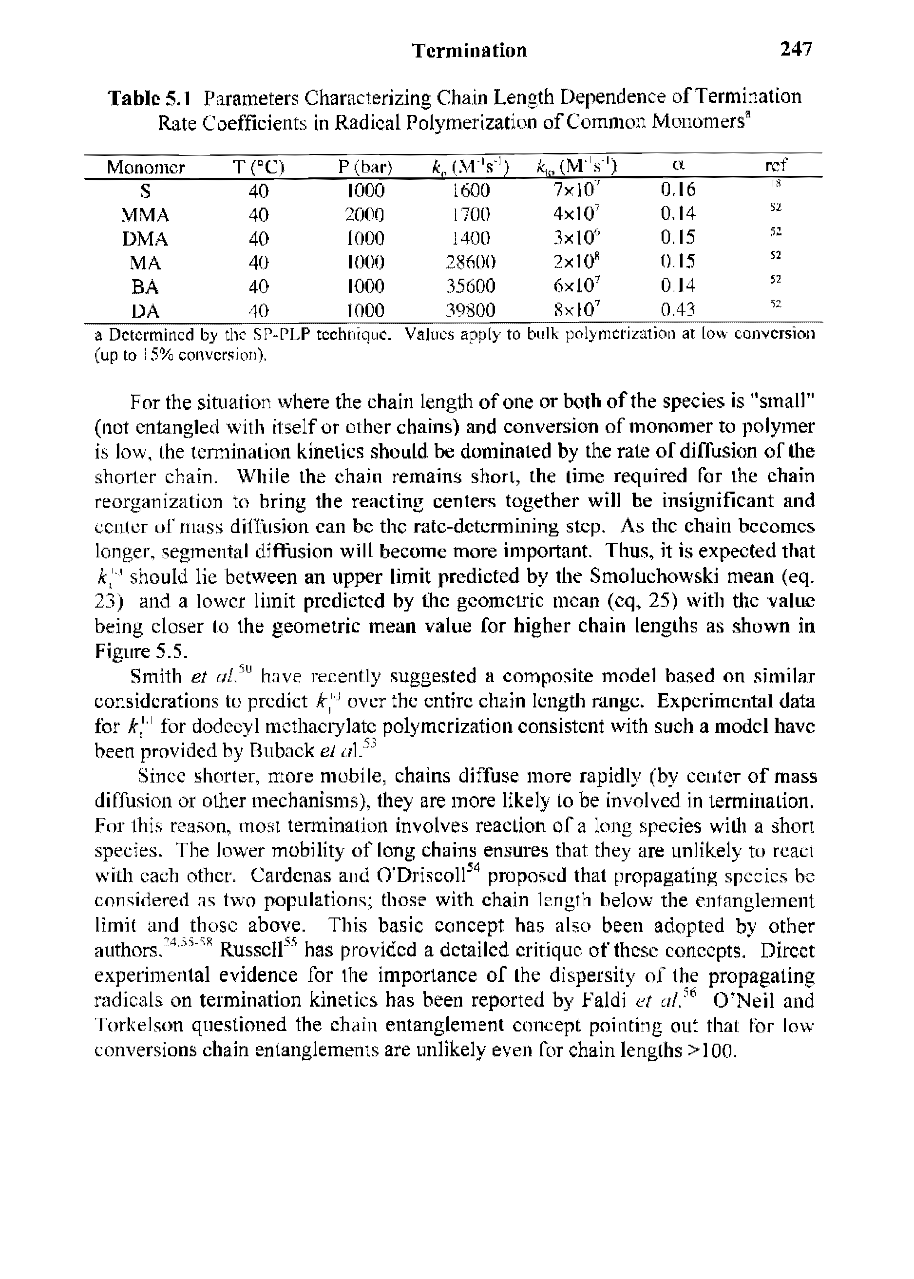 Table 5.1 Parameters Characterizing Chain Length Dependence of Termination Rate Coefficients in Radical Polymerization of Common Monomers 1...