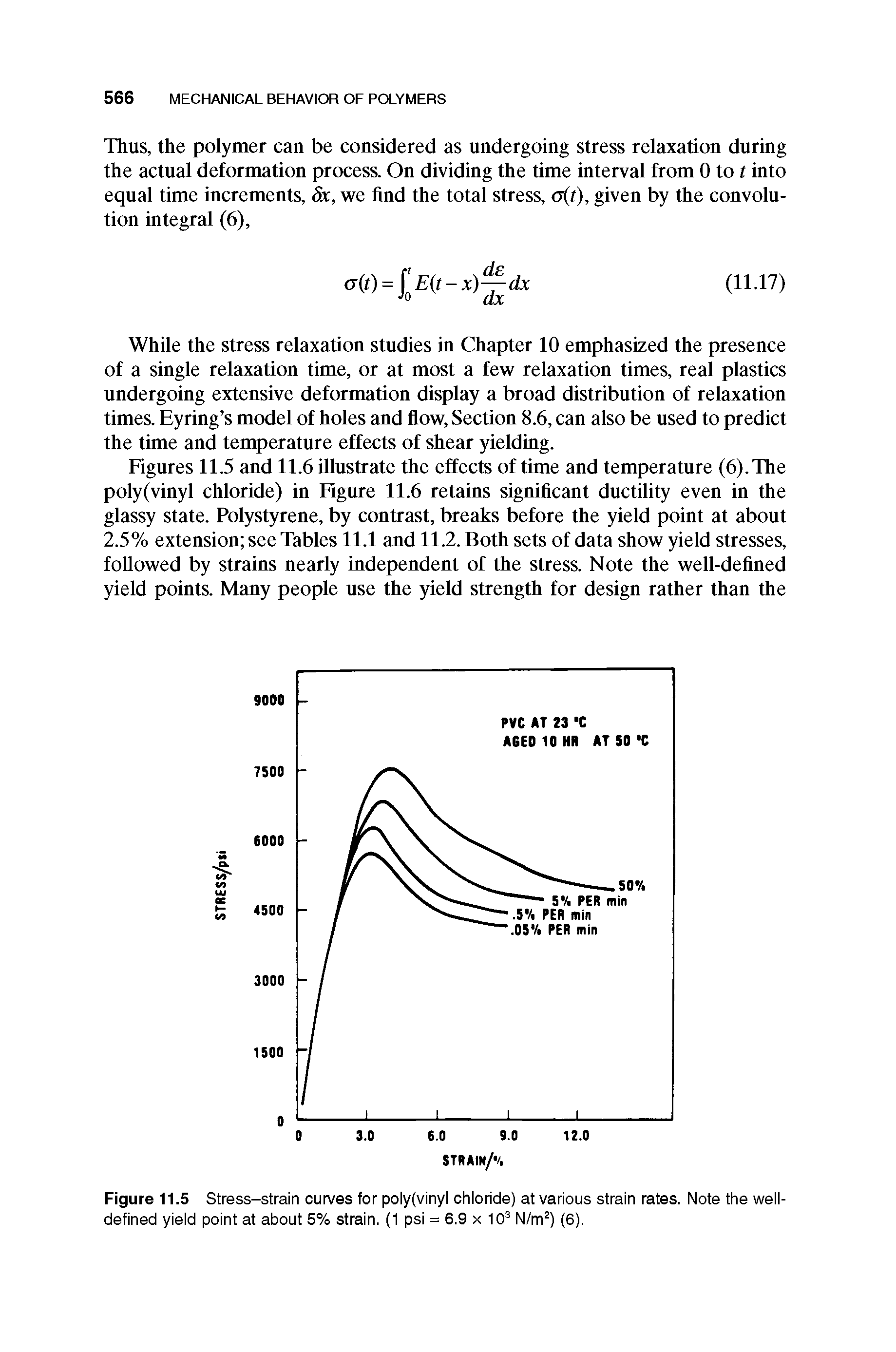 Figures 11.5 and 11.6 illustrate the effects of time and temperature (6). The poly(vinyl chloride) in Figure 11.6 retains significant ductility even in the glassy state. Polystyrene, by contrast, breaks before the yield point at about 2.5% extension see Tables 11.1 and 11.2. Both sets of data show yield stresses, followed by strains nearly independent of the stress. Note the well-defined yield points. Many people use the yield strength for design rather than the...