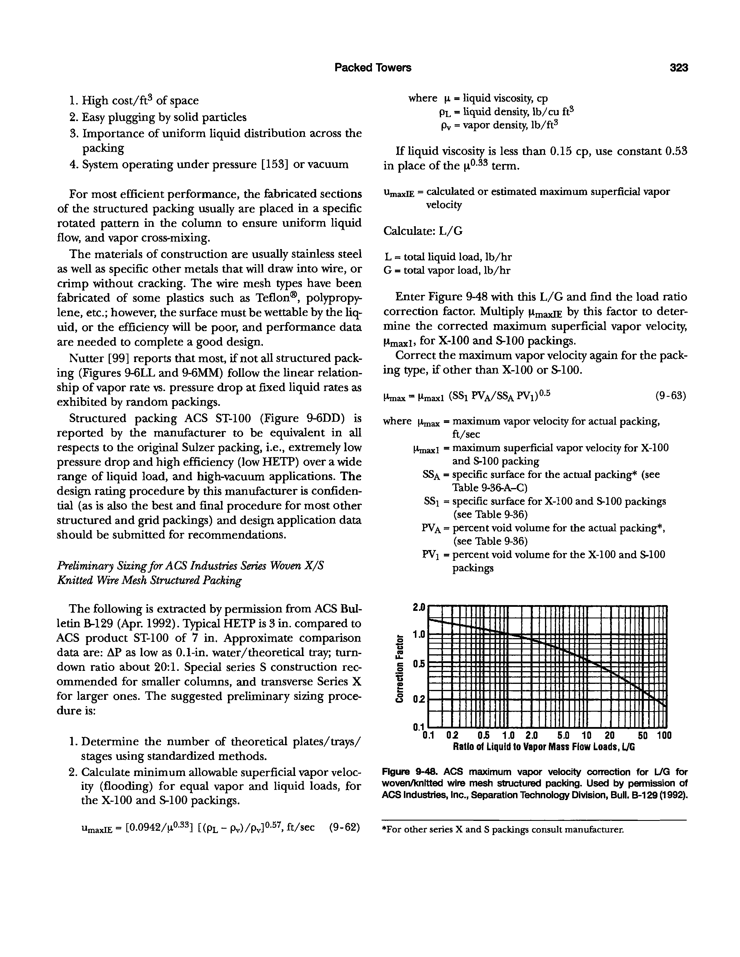 Figure 9-48. ACS maximum vapor velocity correction for L/G for woven/knitted wire mesh structured packing. Used by permission of ACS Industries, Inc., Separation Technology Division, Bull. B-129 (1992).