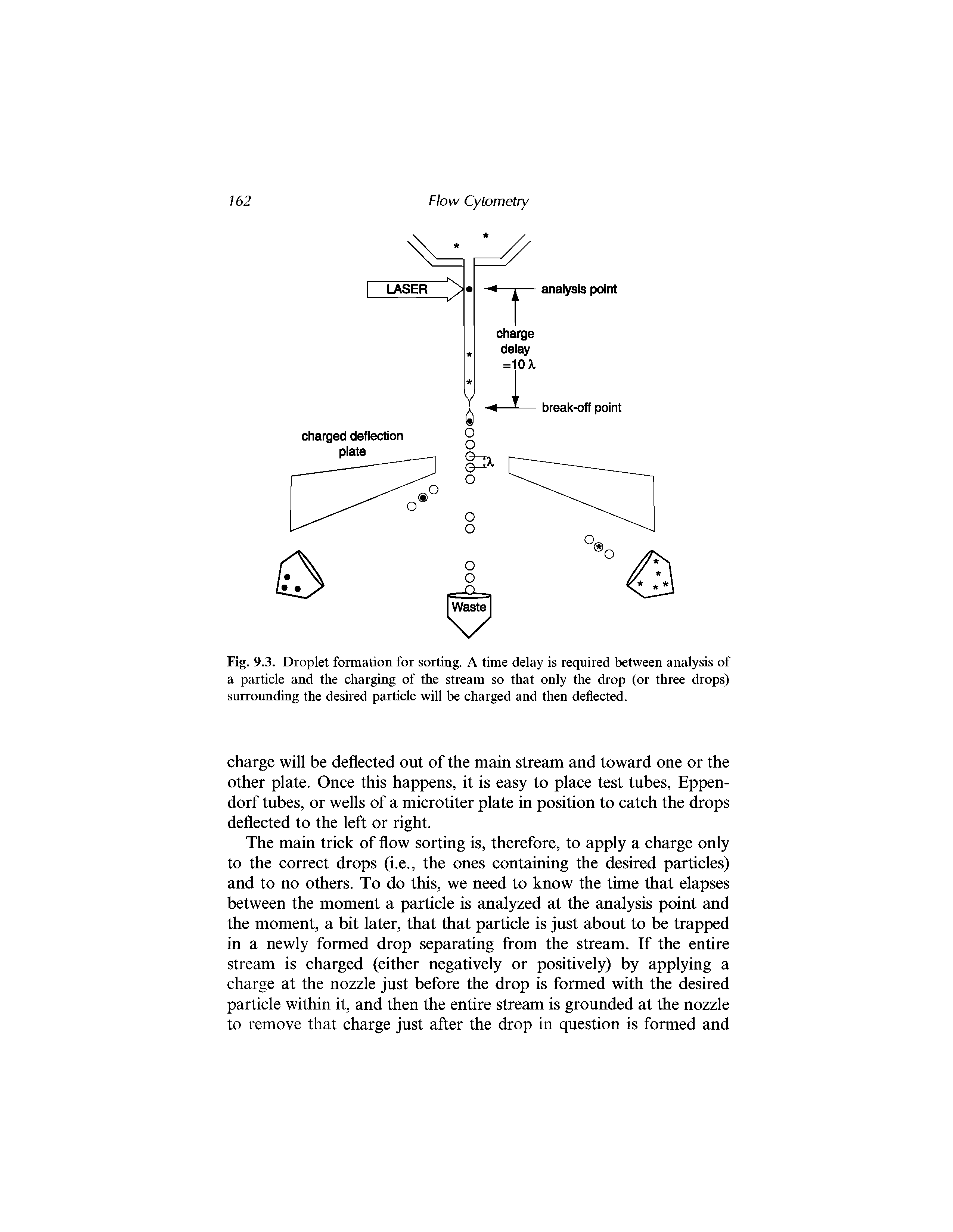 Fig. 9.3. Droplet formation for sorting. A time delay is required between analysis of a particle and the charging of the stream so that only the drop (or three drops) surrounding the desired particle will be charged and then deflected.