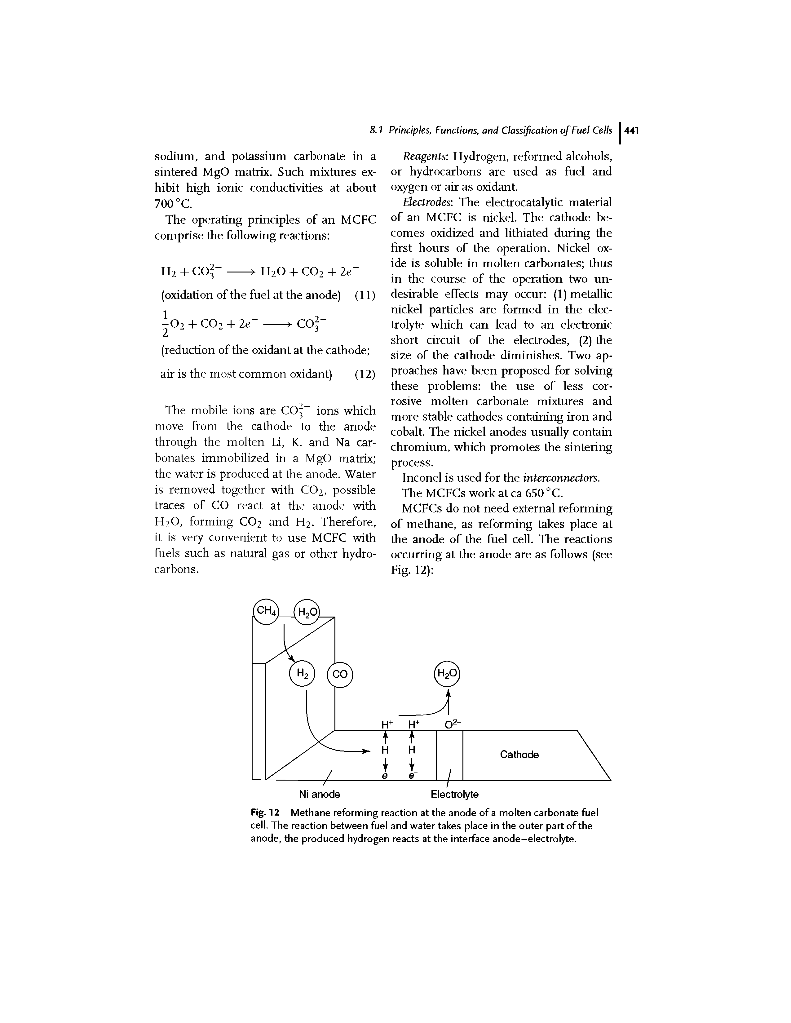 Fig. 12 Methane reforming reaction at the anode of a molten carbonate fuel cell. The reaction between fuel and water takes place in the outer part of the anode, the produced hydrogen reacts at the interface anode-electrolyte.